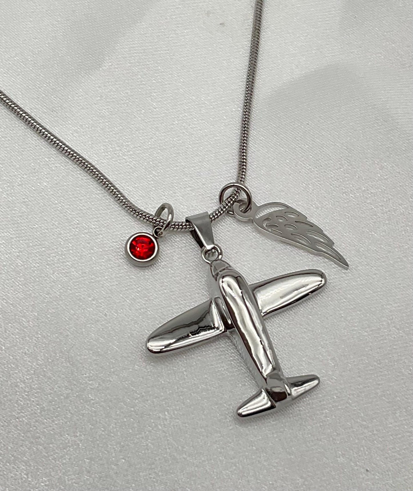 Silver Airplane Pilot Ash Urn Necklace with Angel Wing and Birthstone Charm - Personalize Fly Aviator Urn