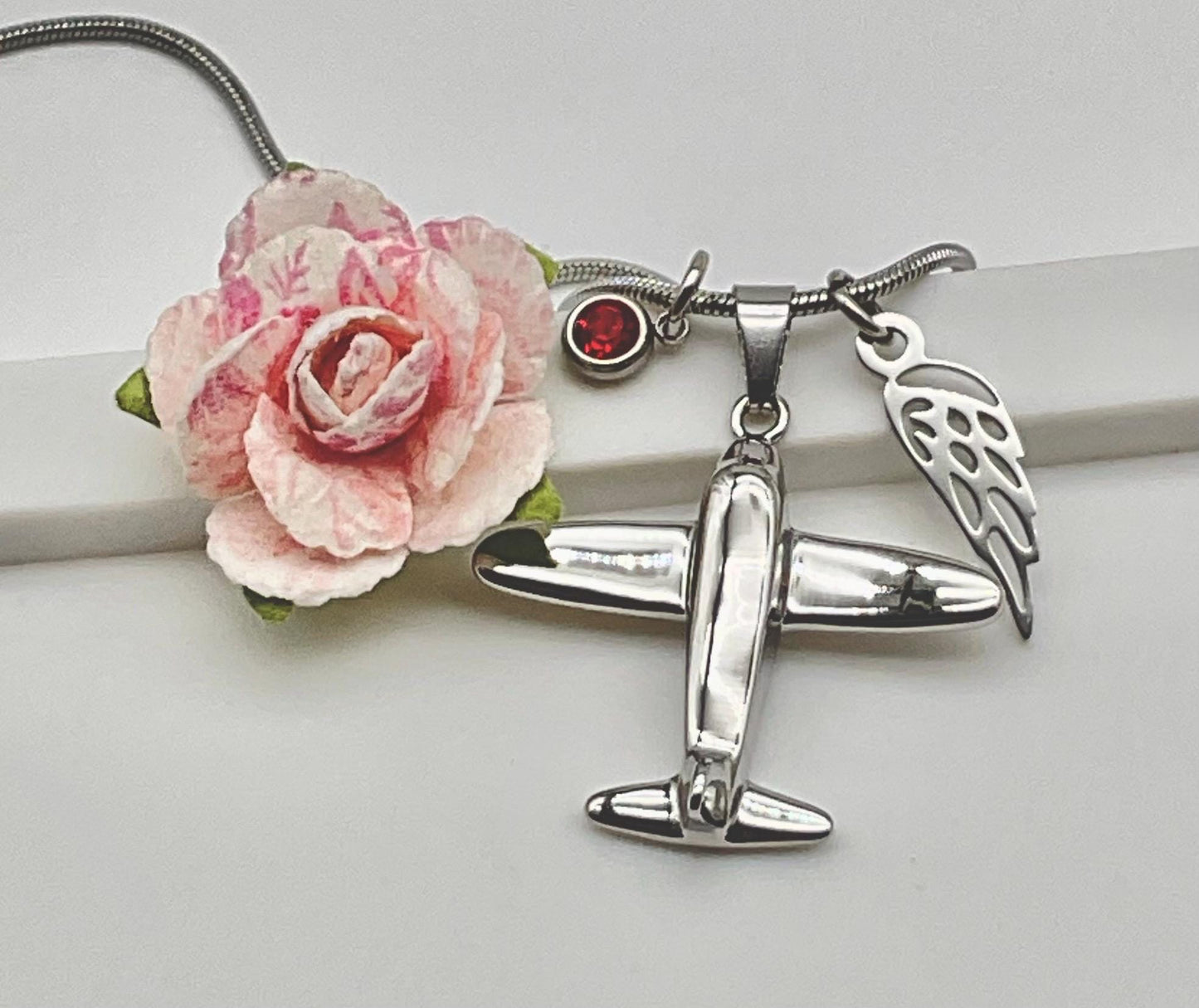 Silver Airplane Pilot Ash Urn Necklace with Angel Wing and Birthstone Charm - Personalize Fly Aviator Urn