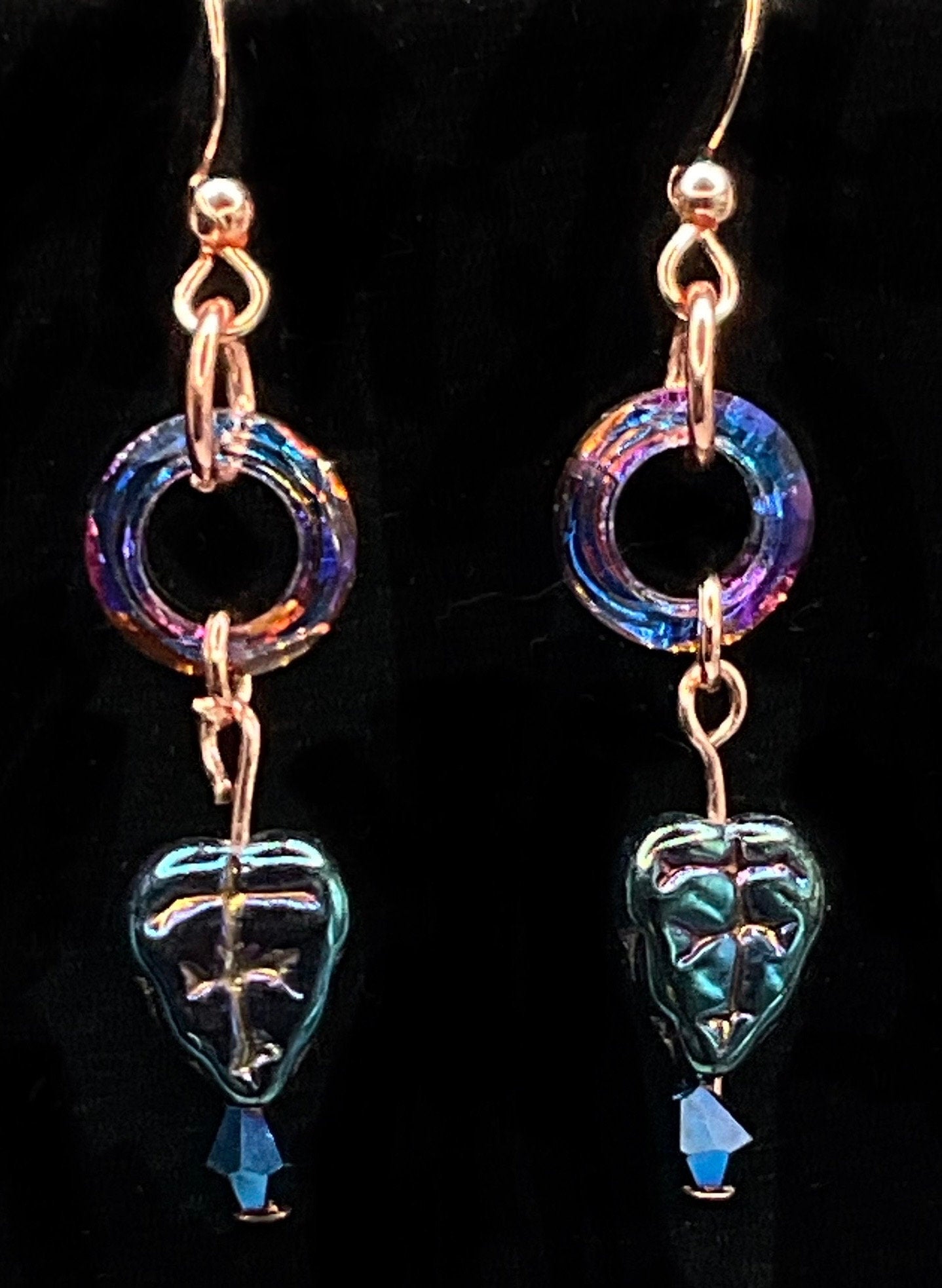 Rose Gold Rainbow Crystal Dangle Earrings with Chez Leaf Accent