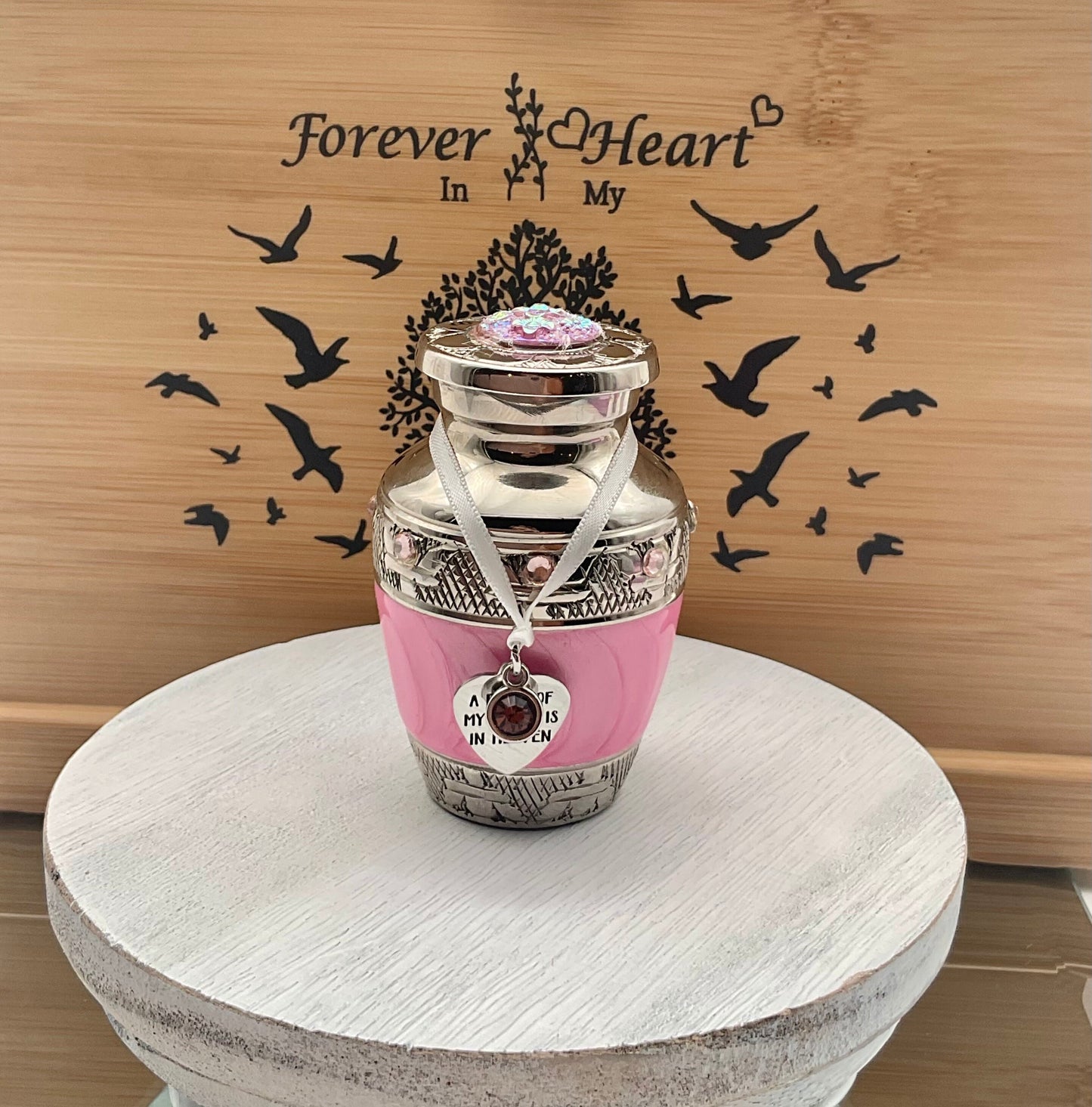 Pink Memorial Cremation Funeral Ash Urn with Charm, Stainless Steel Heart Charm with Birthstone
