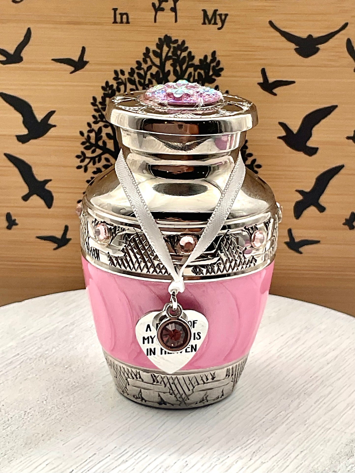 Pink Memorial Cremation Funeral Ash Urn with Charm, Stainless Steel Heart Charm with Birthstone