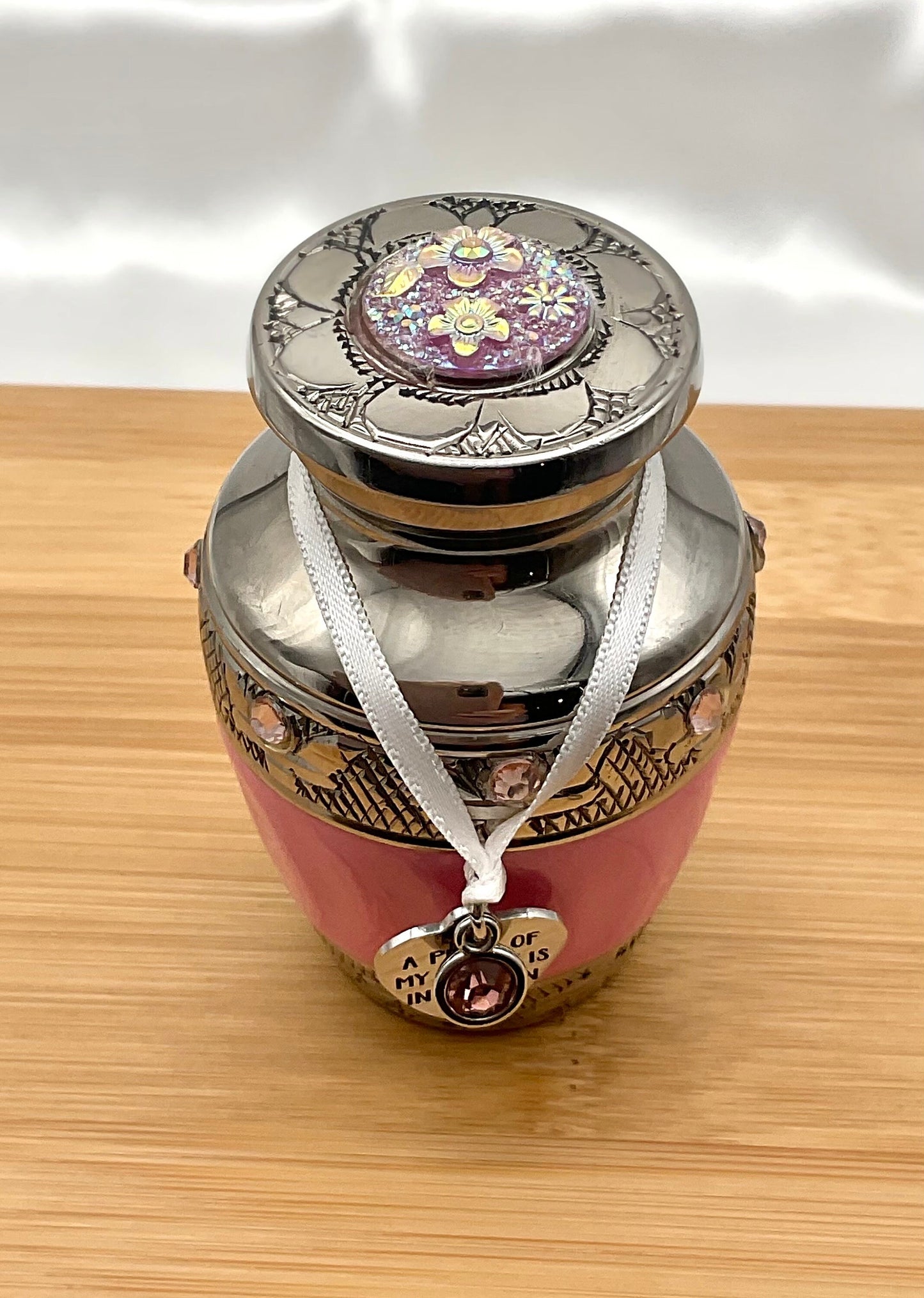 Pink Memorial Cremation Funeral Ash Urn with Charm, Stainless Steel Heart Charm with Birthstone