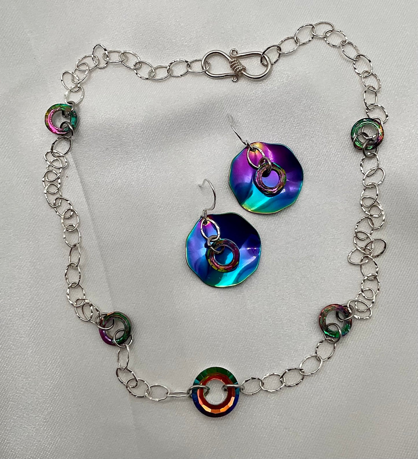 925 Sterling Silver Rainbow Circle Crystal Necklace and Earring Set