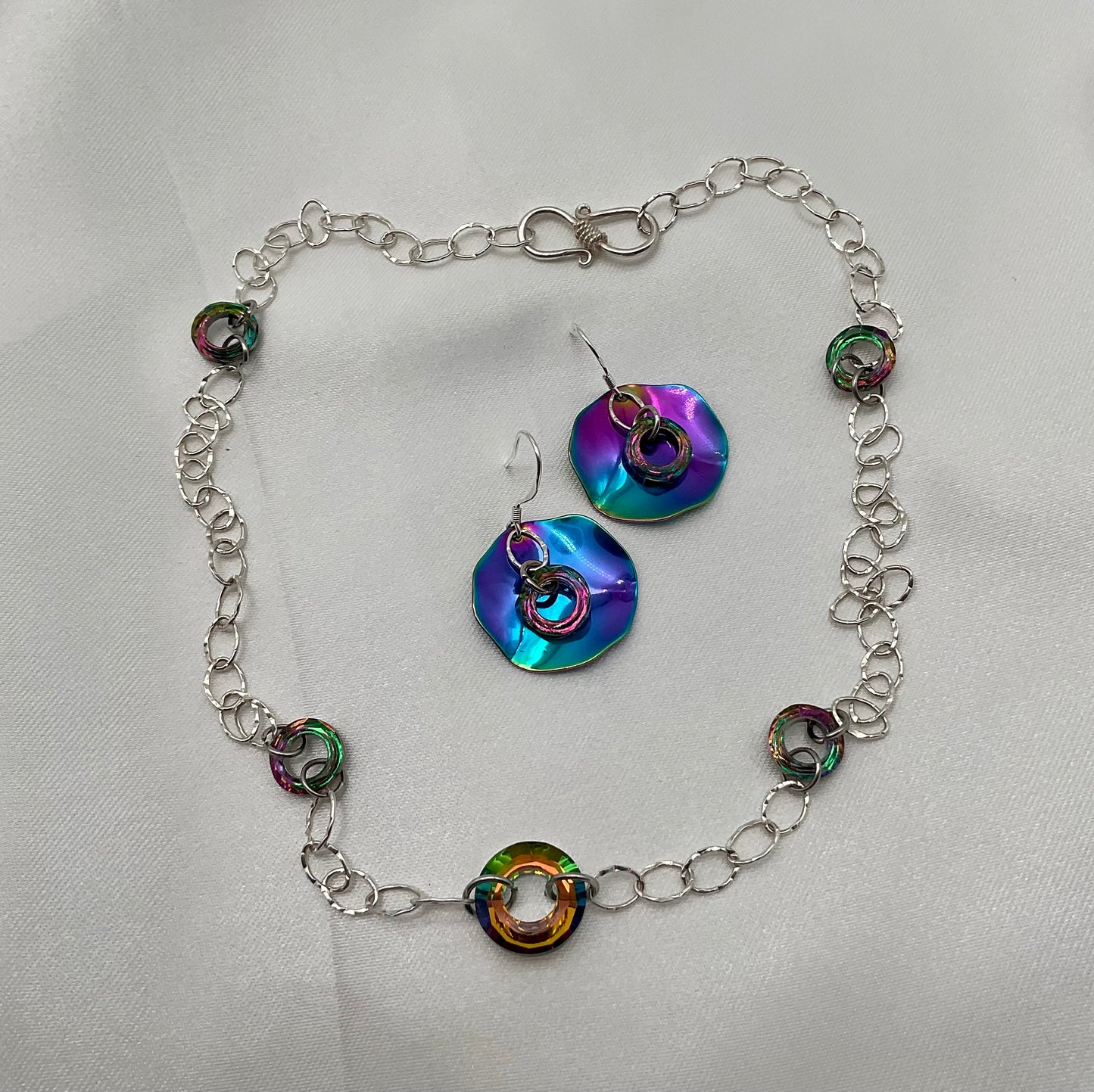 925 Sterling Silver Rainbow Circle Crystal Necklace and Earring Set