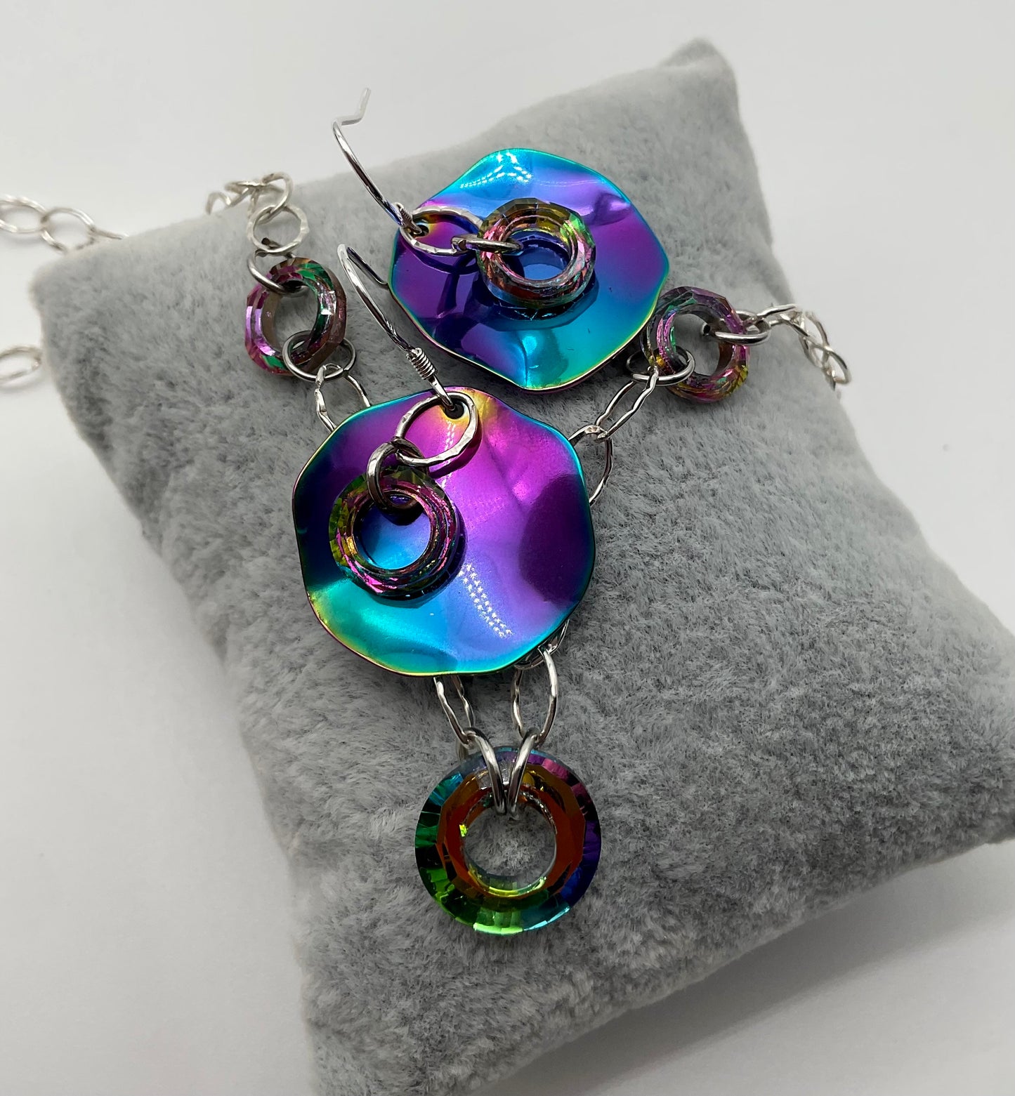 925 Sterling Silver Rainbow Circle Crystal Necklace and Earring Set