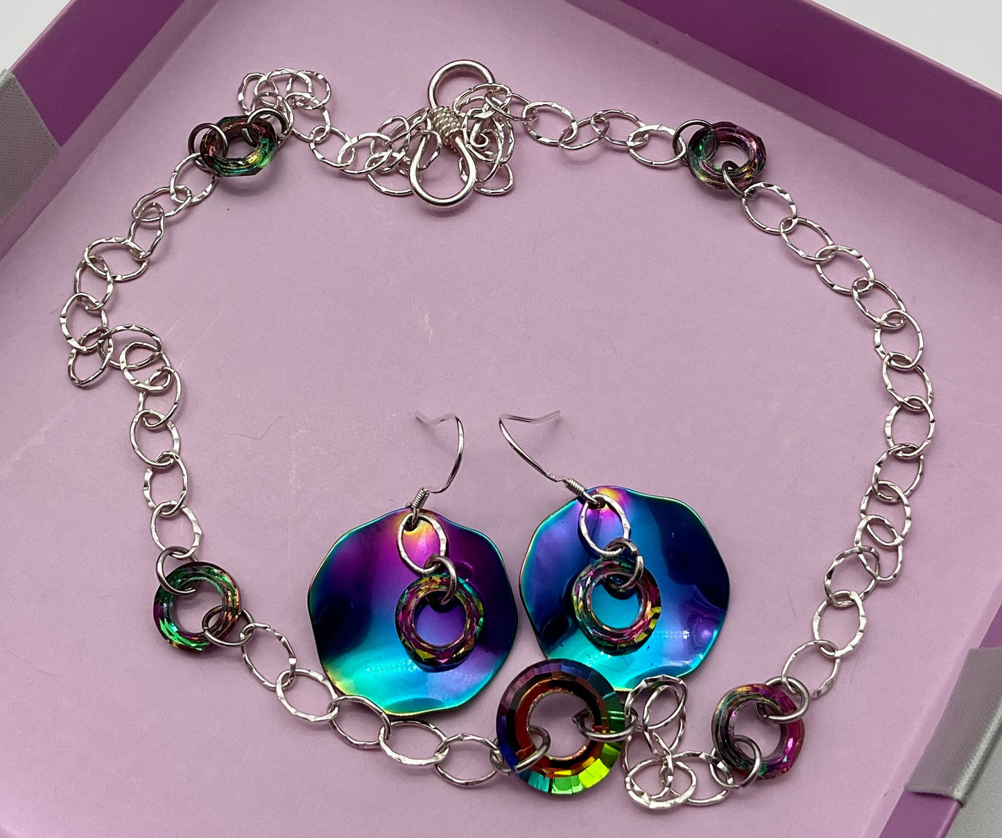 925 Sterling Silver Rainbow Circle Crystal Necklace and Earring Set