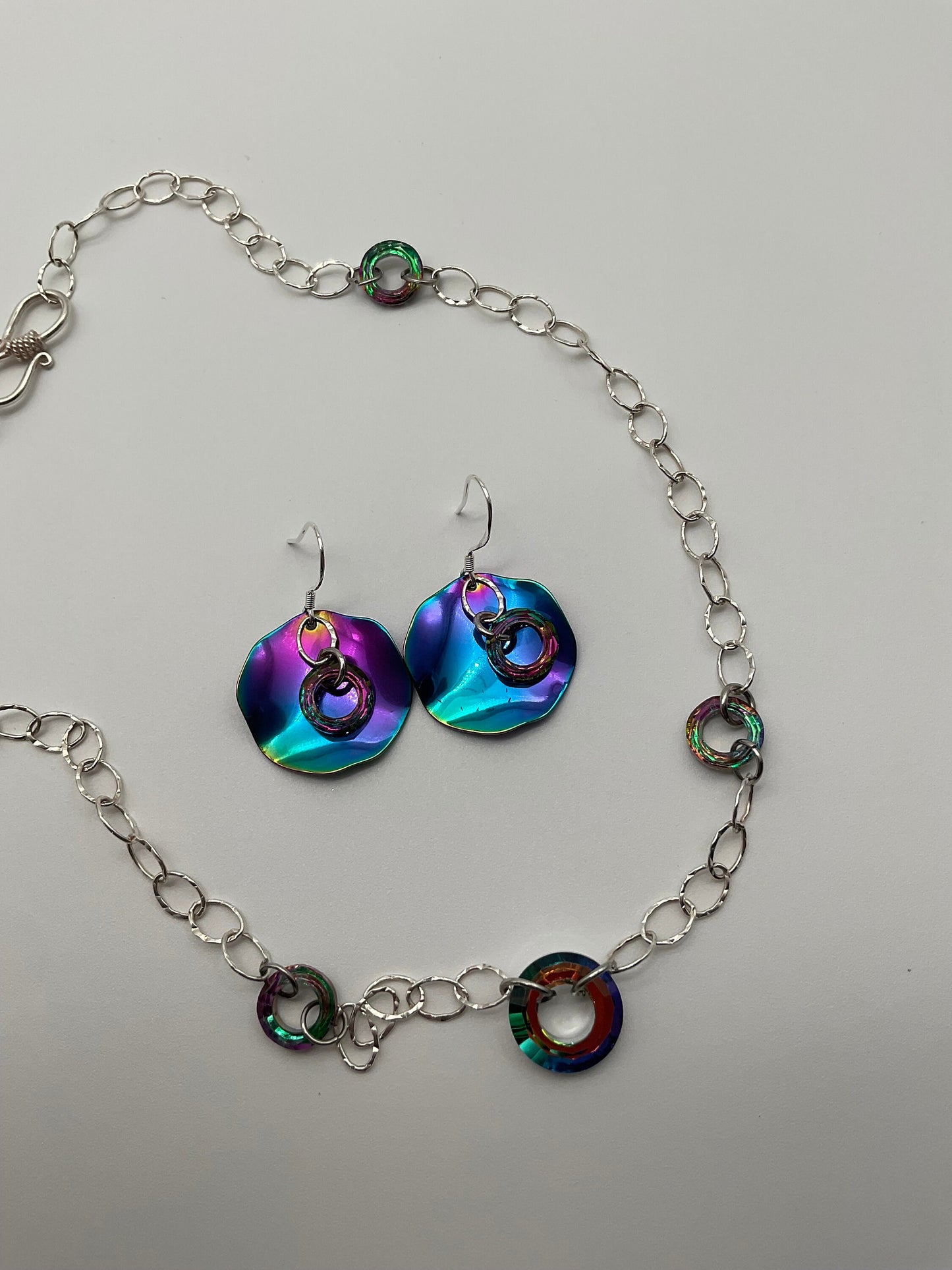 925 Sterling Silver Rainbow Circle Crystal Necklace and Earring Set