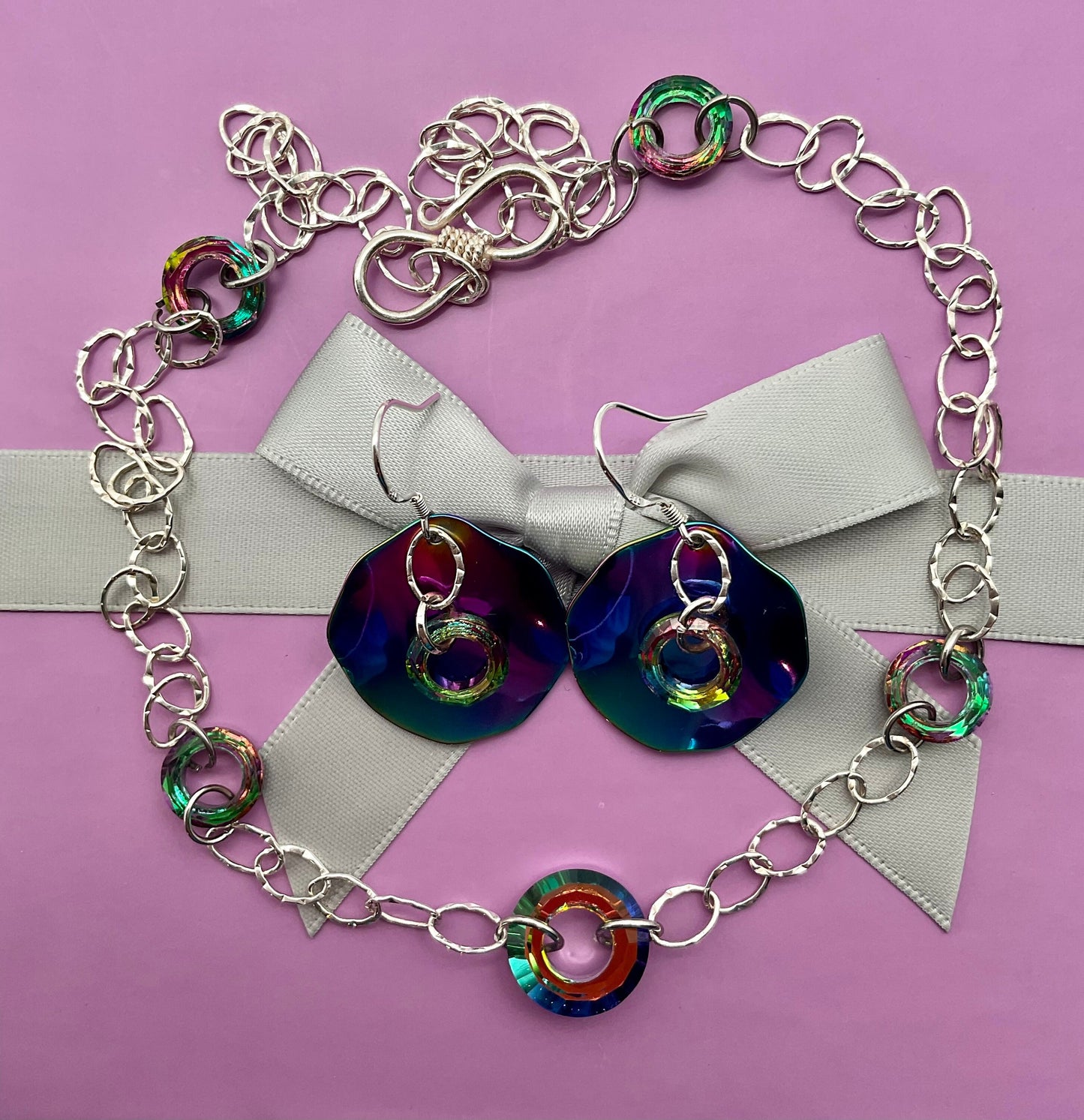 925 Sterling Silver Rainbow Circle Crystal Necklace and Earring Set