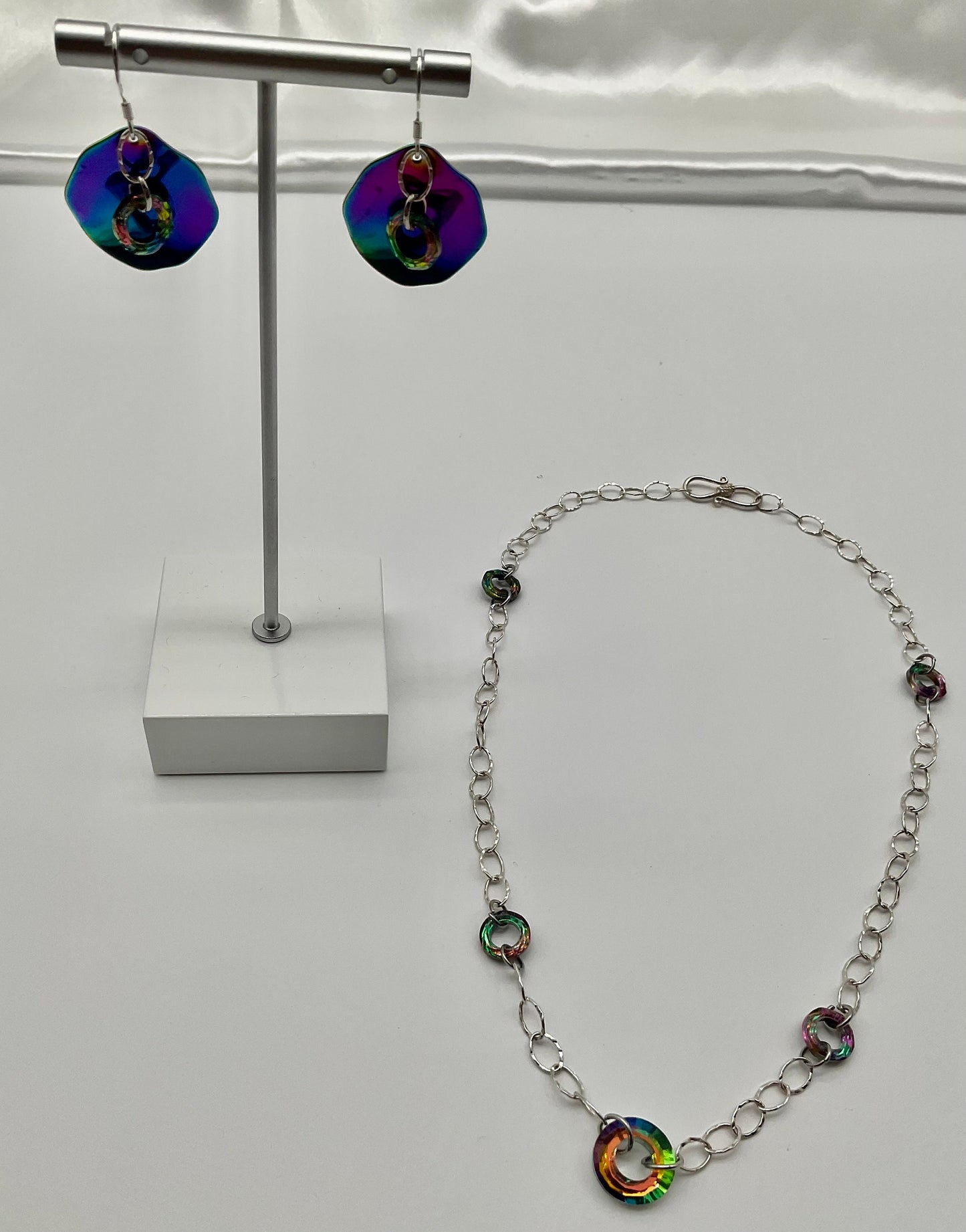 925 Sterling Silver Rainbow Circle Crystal Necklace and Earring Set