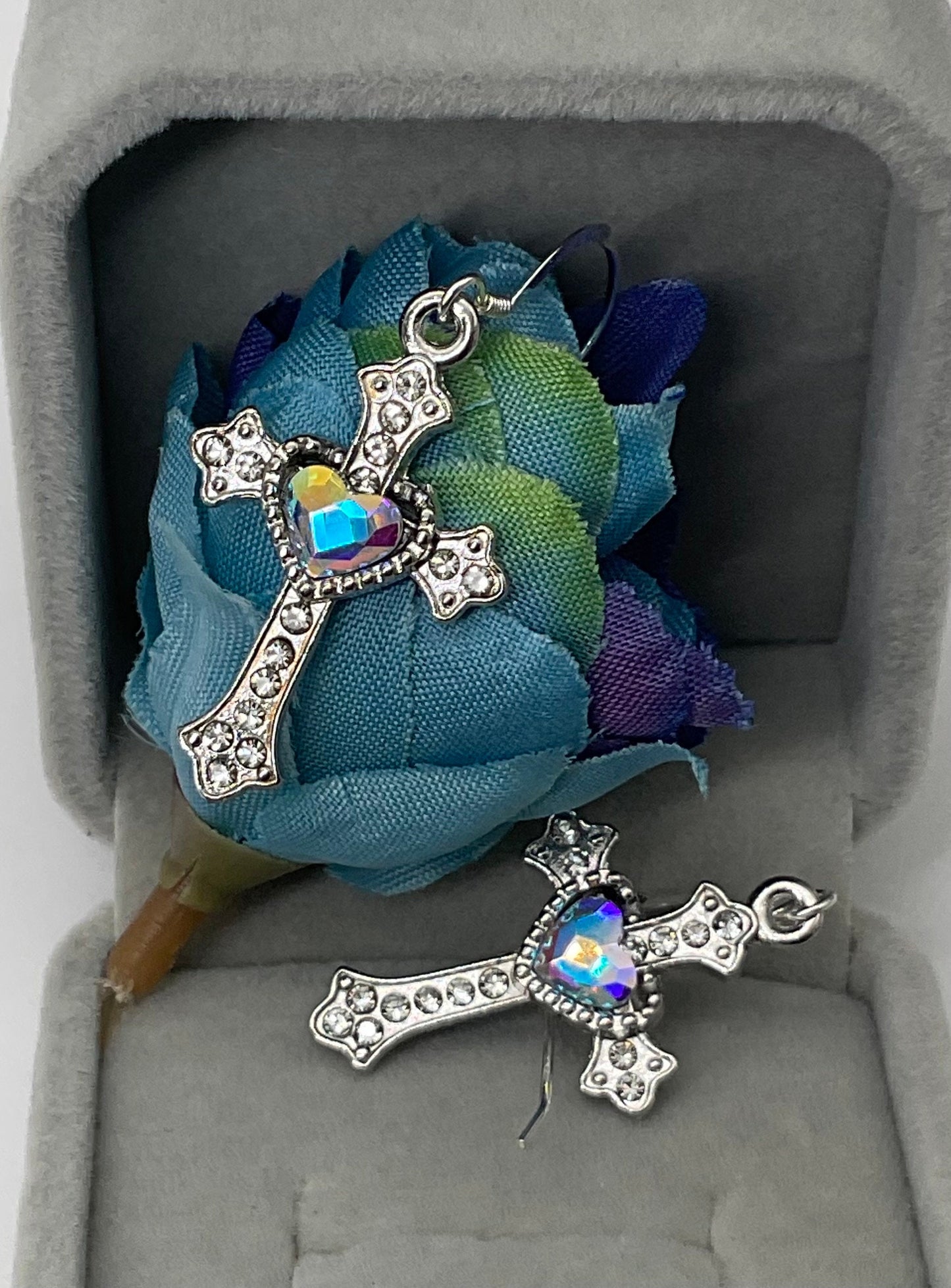 Silver Religious Cross Christian Rhinestone Heart Earrings