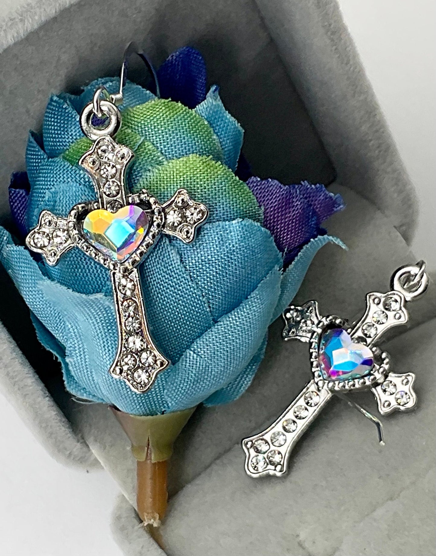 Silver Religious Cross Christian Rhinestone Heart Earrings