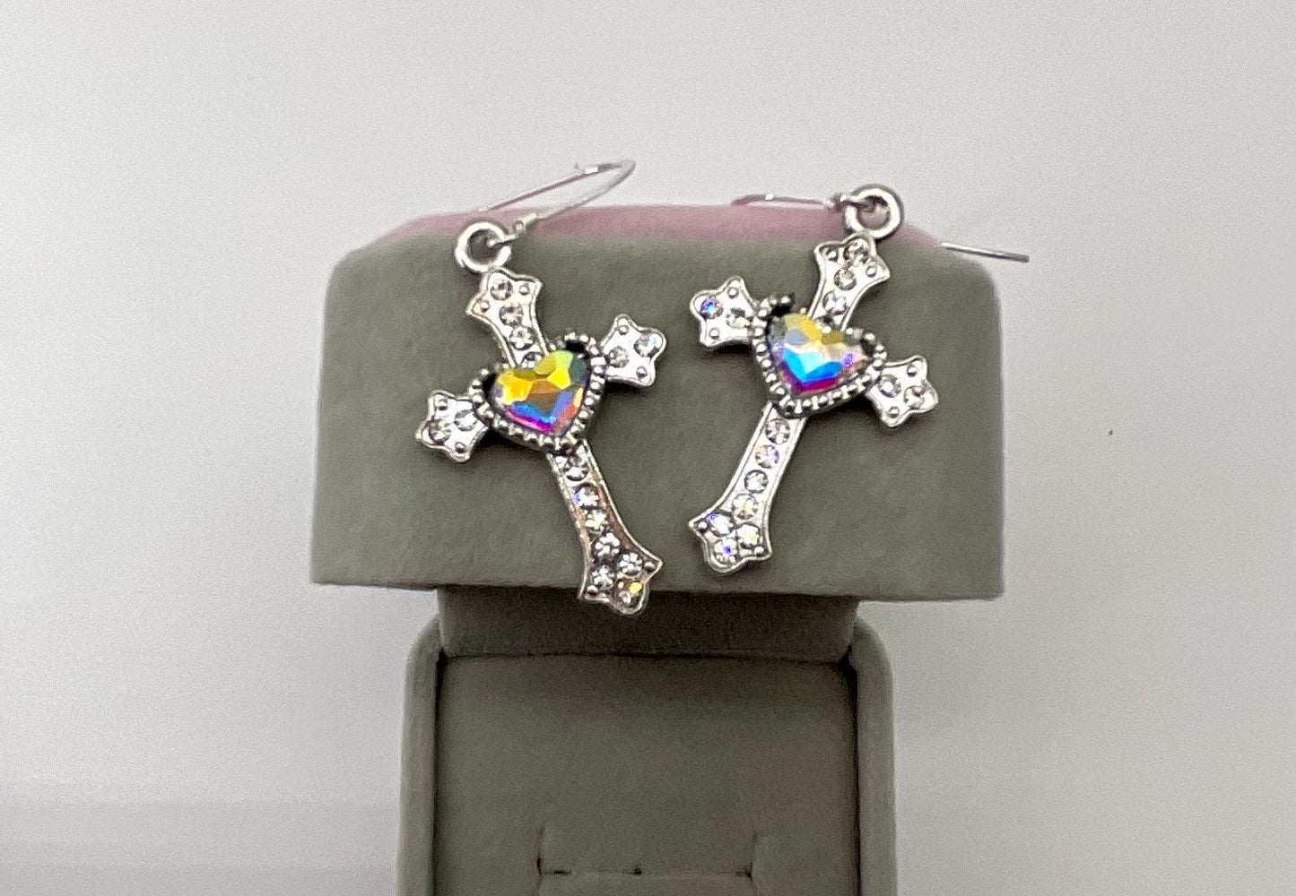 Silver Religious Cross Christian Rhinestone Heart Earrings