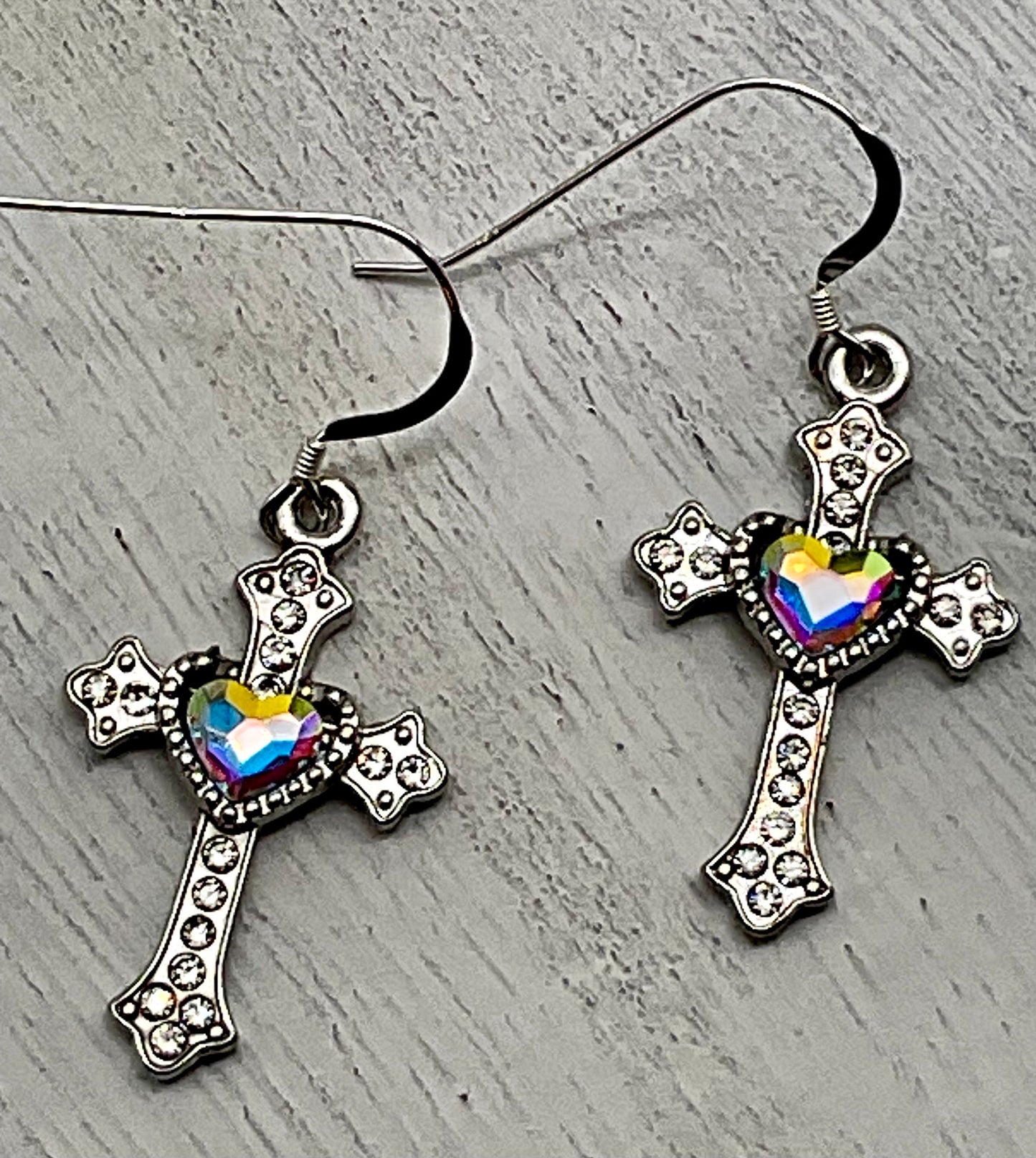 Silver Religious Cross Christian Rhinestone Heart Earrings