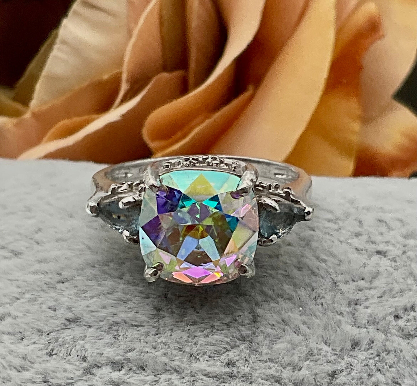 Swarovski AB Crystal Cushion Square Ring Set in 925 Sterling Silver Band with Genuine Blue Topaz Stones