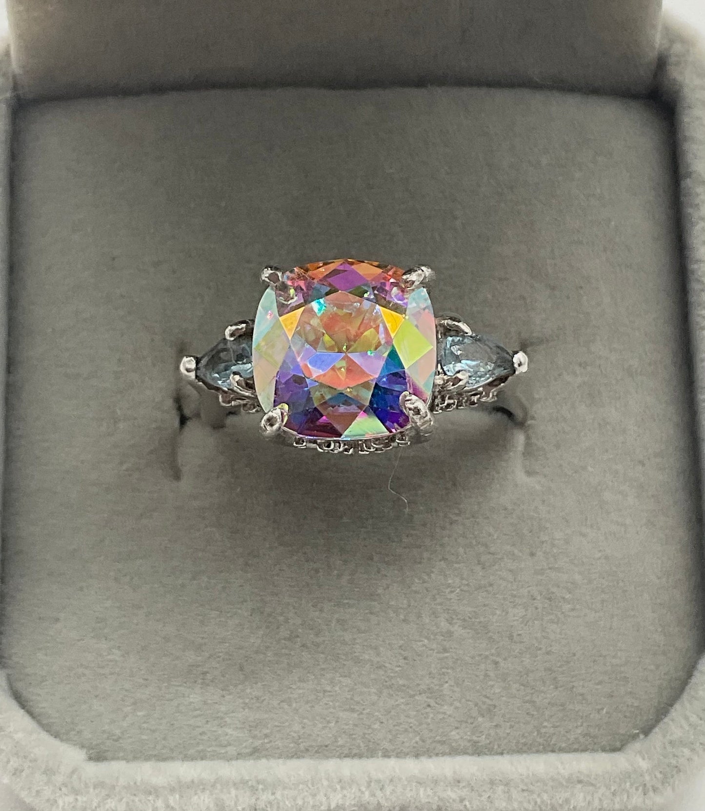 Swarovski AB Crystal Cushion Square Ring Set in 925 Sterling Silver Band with Genuine Blue Topaz Stones