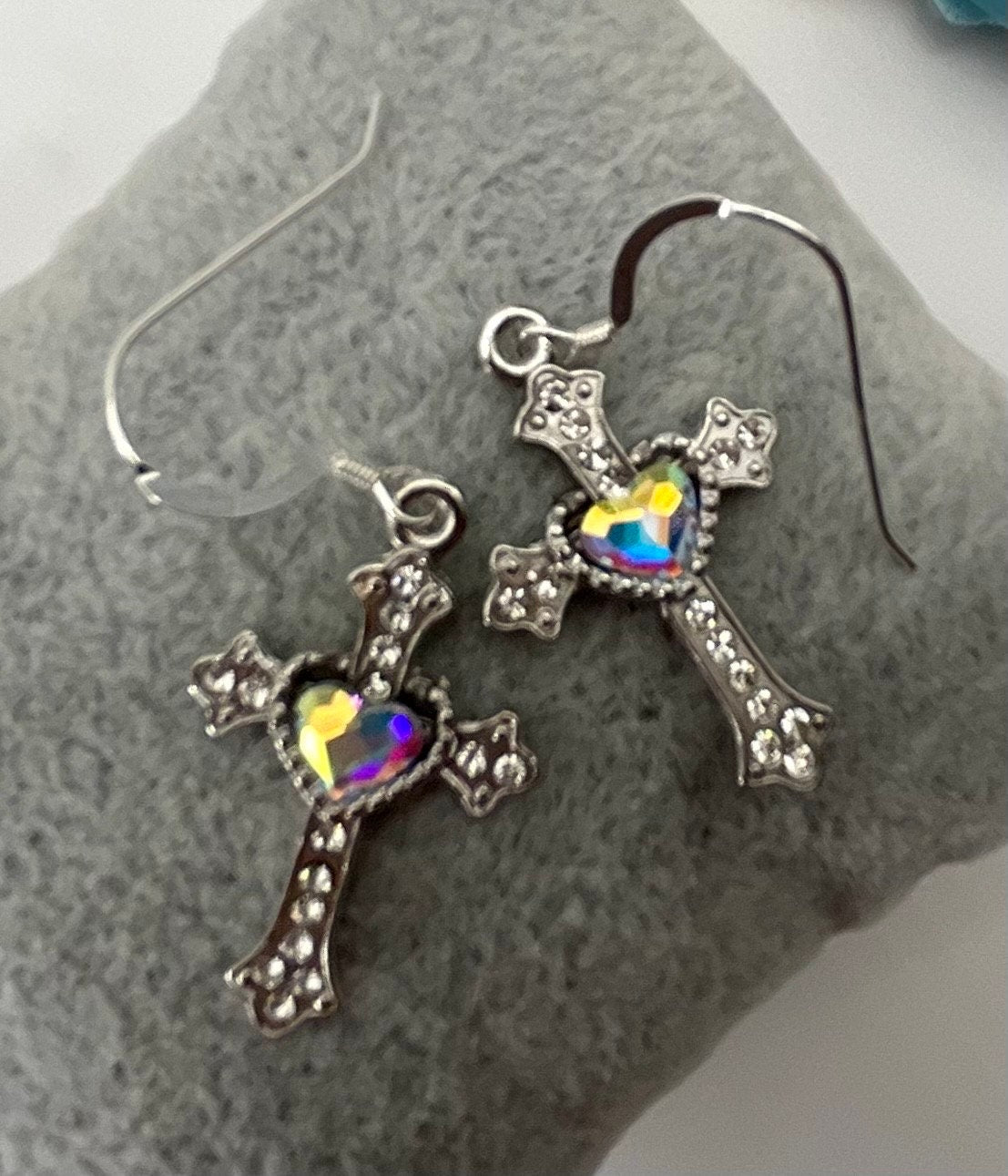 Silver Religious Cross Christian Rhinestone Heart Earrings