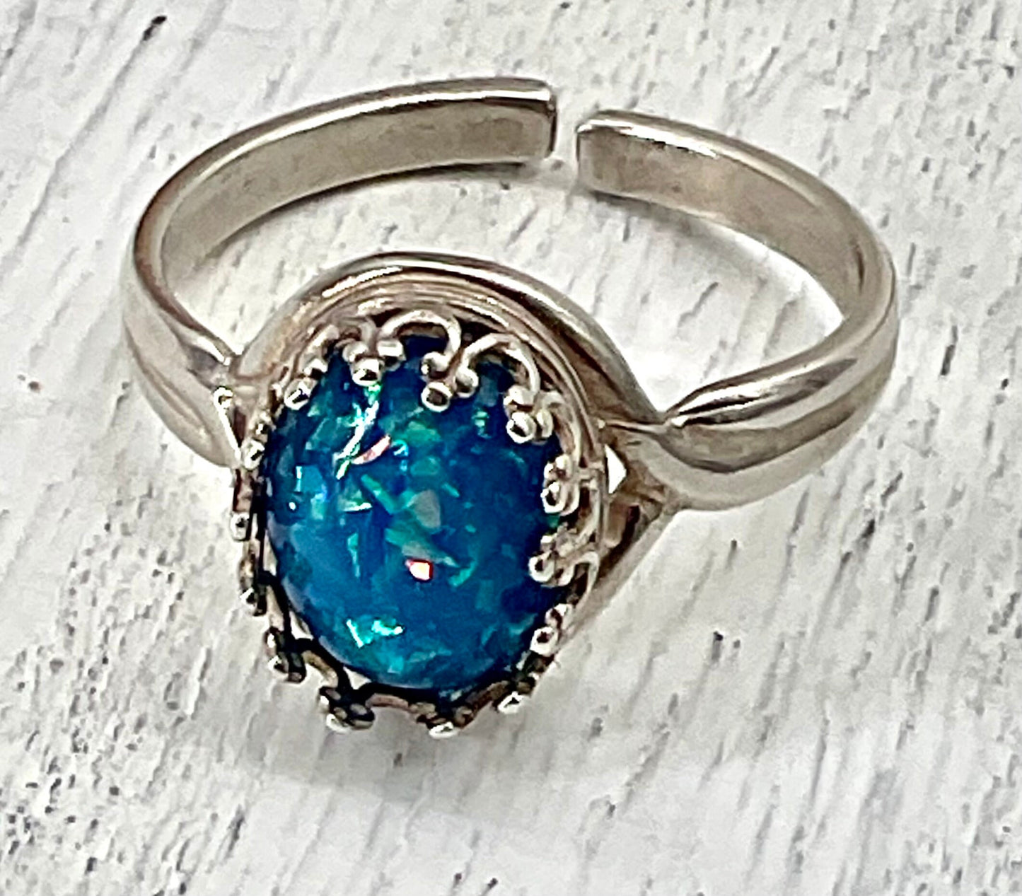 Blue - Green Opal Oval Ring in Adjustable Antique 925 Sterling Silver Band
