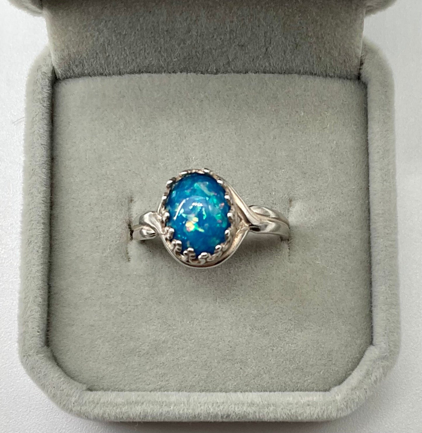 Blue - Green Opal Oval Ring in Adjustable Antique 925 Sterling Silver Band