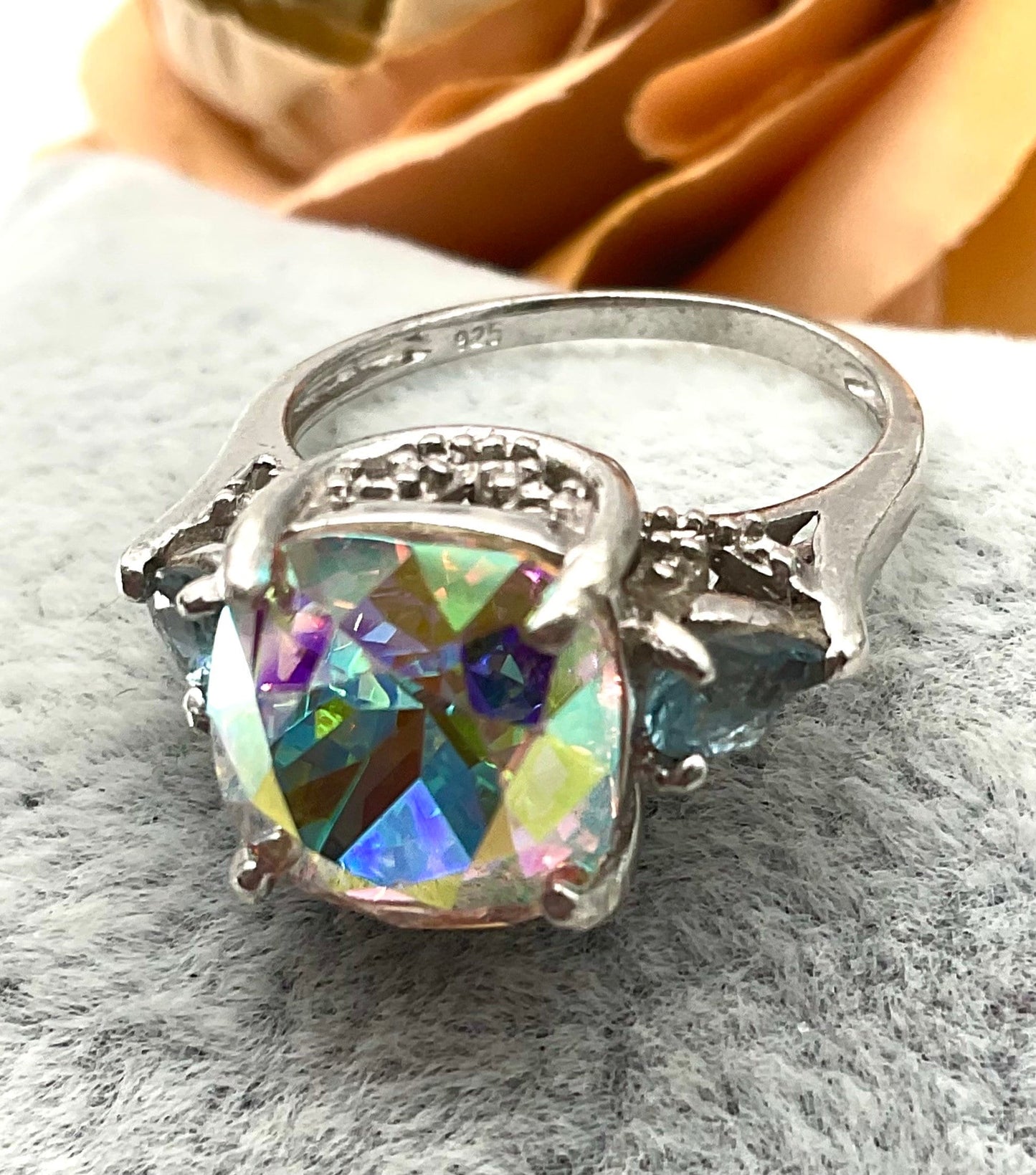 Swarovski AB Crystal Cushion Square Ring Set in 925 Sterling Silver Band with Genuine Blue Topaz Stones