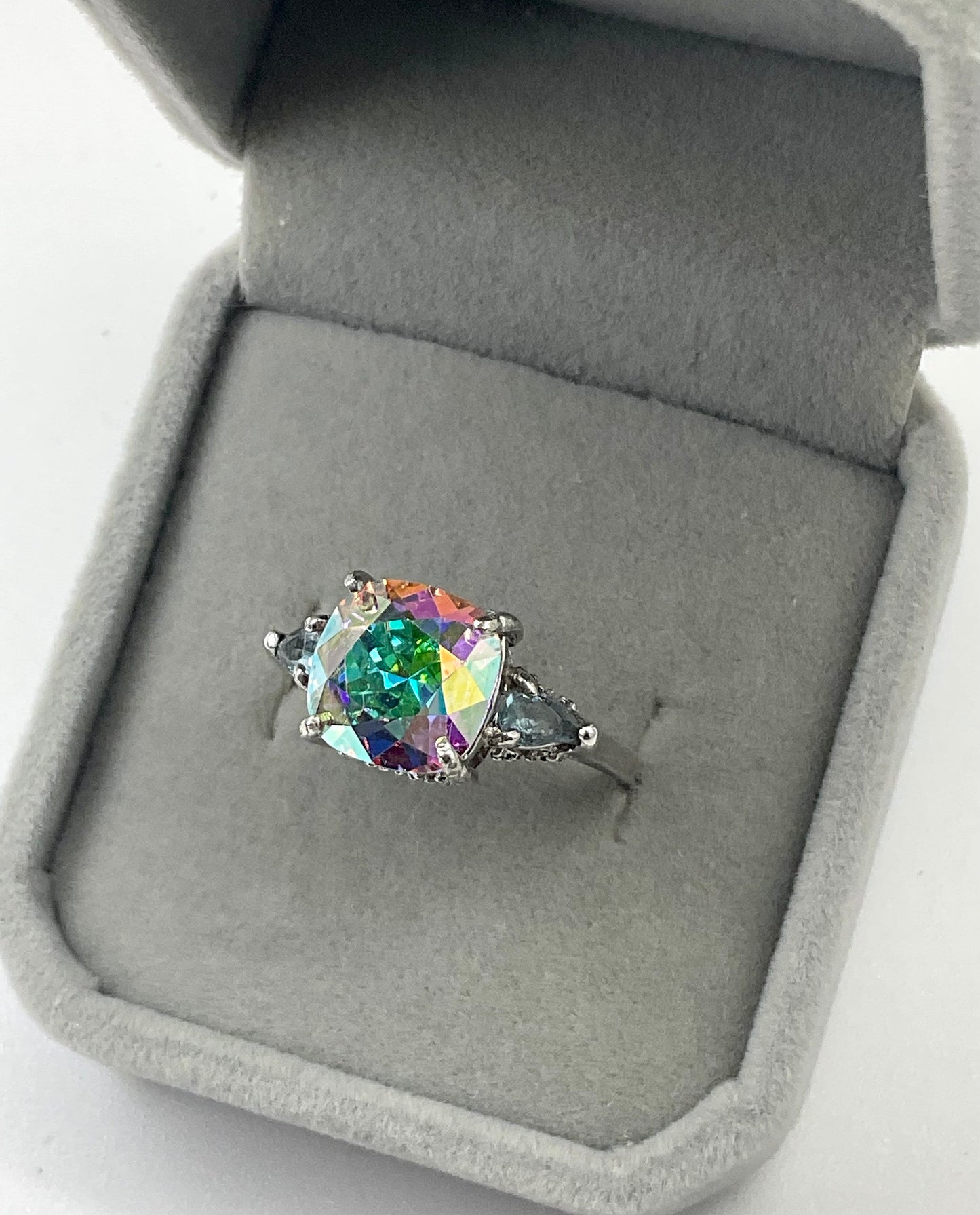 Swarovski AB Crystal Cushion Square Ring Set in 925 Sterling Silver Band with Genuine Blue Topaz Stones