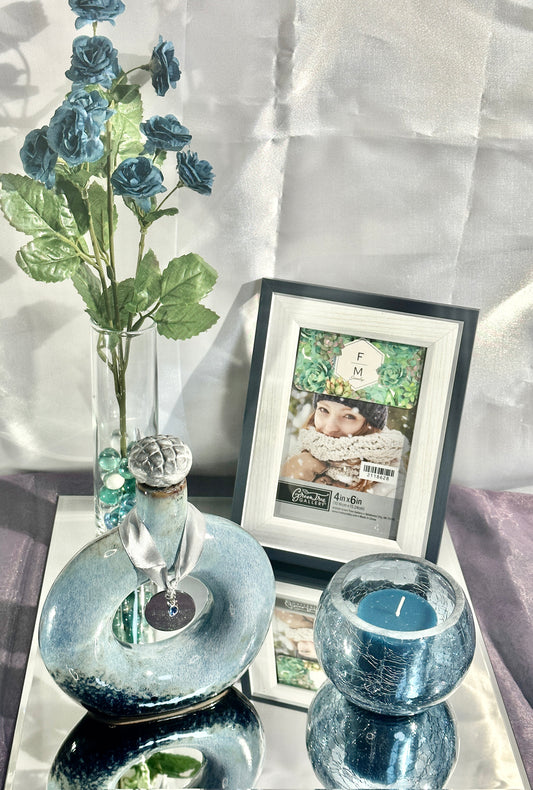 Blue Ceramic Ash Urn Set - Mirror, Engraved Plaque, 4x6 Picture Frame, Engraved Charm with Birthstone,  Floral Arrangement with Vase, Candle and Holder Cremation Memorial for Human Ashes