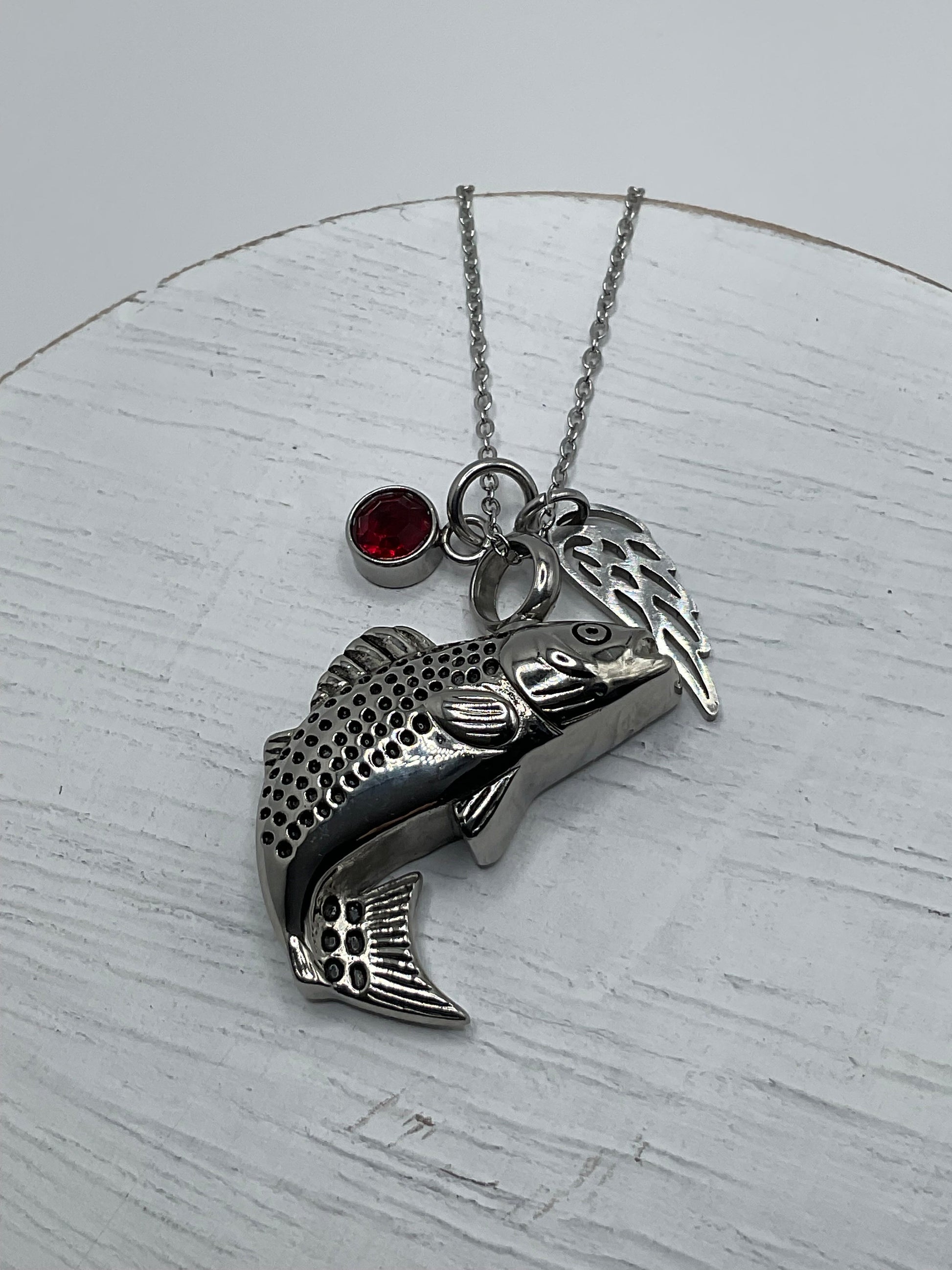 Silver Bass Fish Ash Urn Necklace Charm Birthstone with Personalization for Male or Female Funeral Memorial