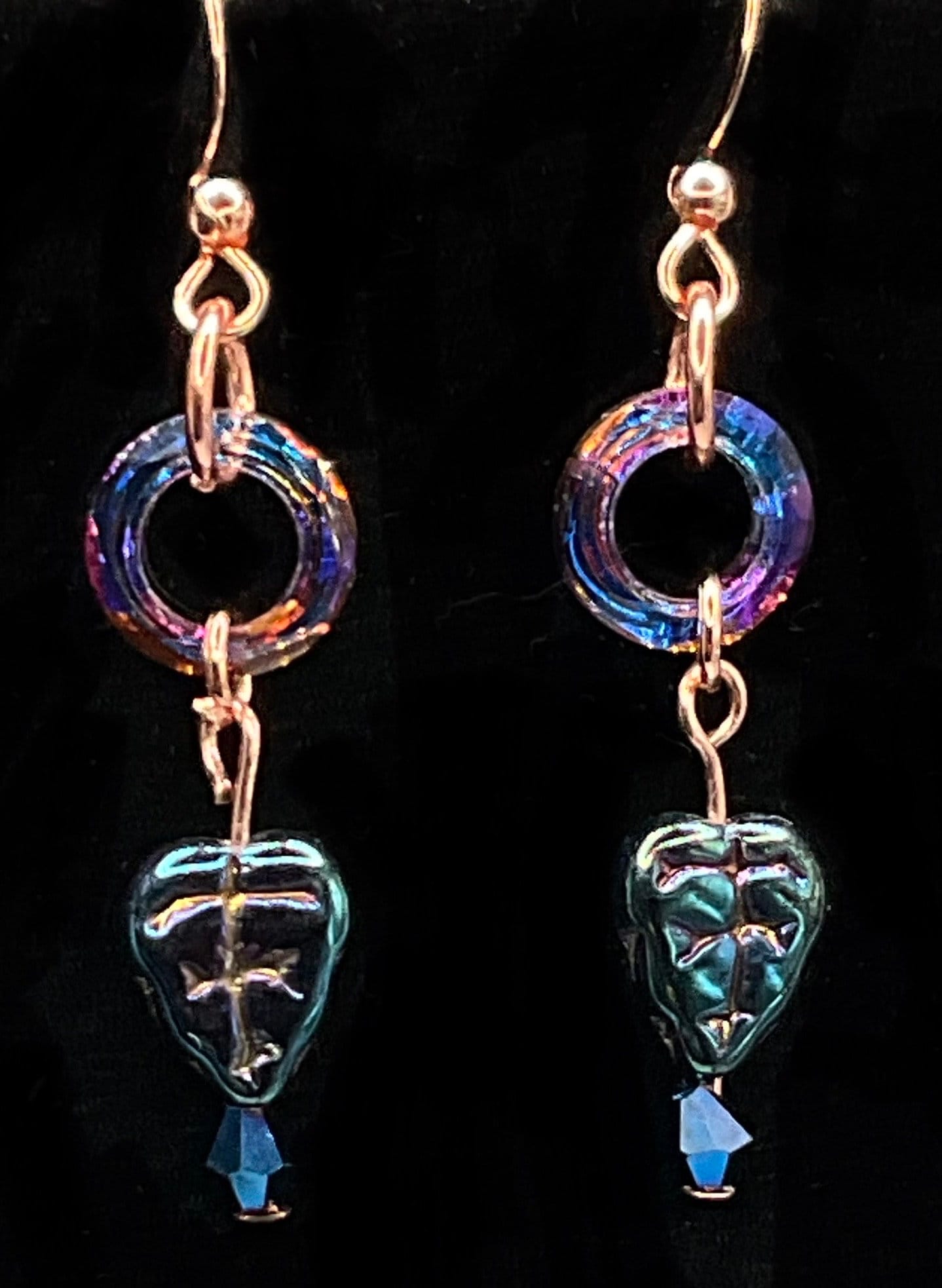 Rose Gold Rainbow Crystal Dangle Earrings with Chez Leaf Accent