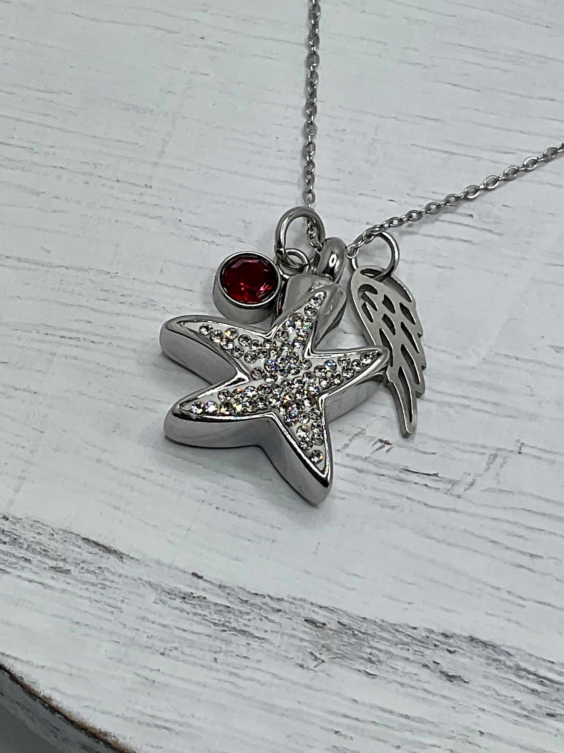 Silver Star with Rhinestones Ash Urn Necklace Charm Birthstone with Personalization for Male or Female Funeral Memorial