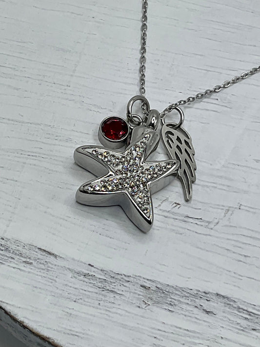 Silver Star with Rhinestones Ash Urn Necklace Charm Birthstone with Personalization for Male or Female Funeral Memorial