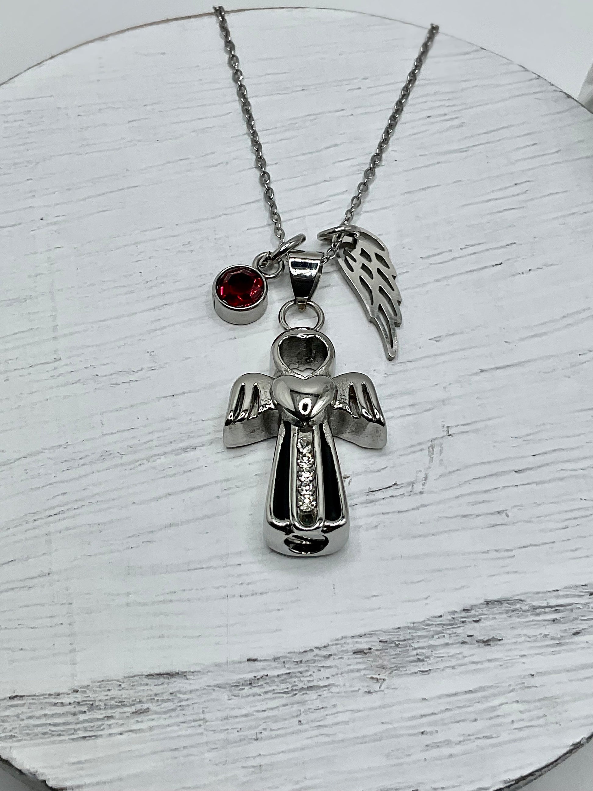 Silver Angel with Rhinestones Ash Urn Necklace Charm Birthstone with Personalization for Male or Female Funeral Memorial