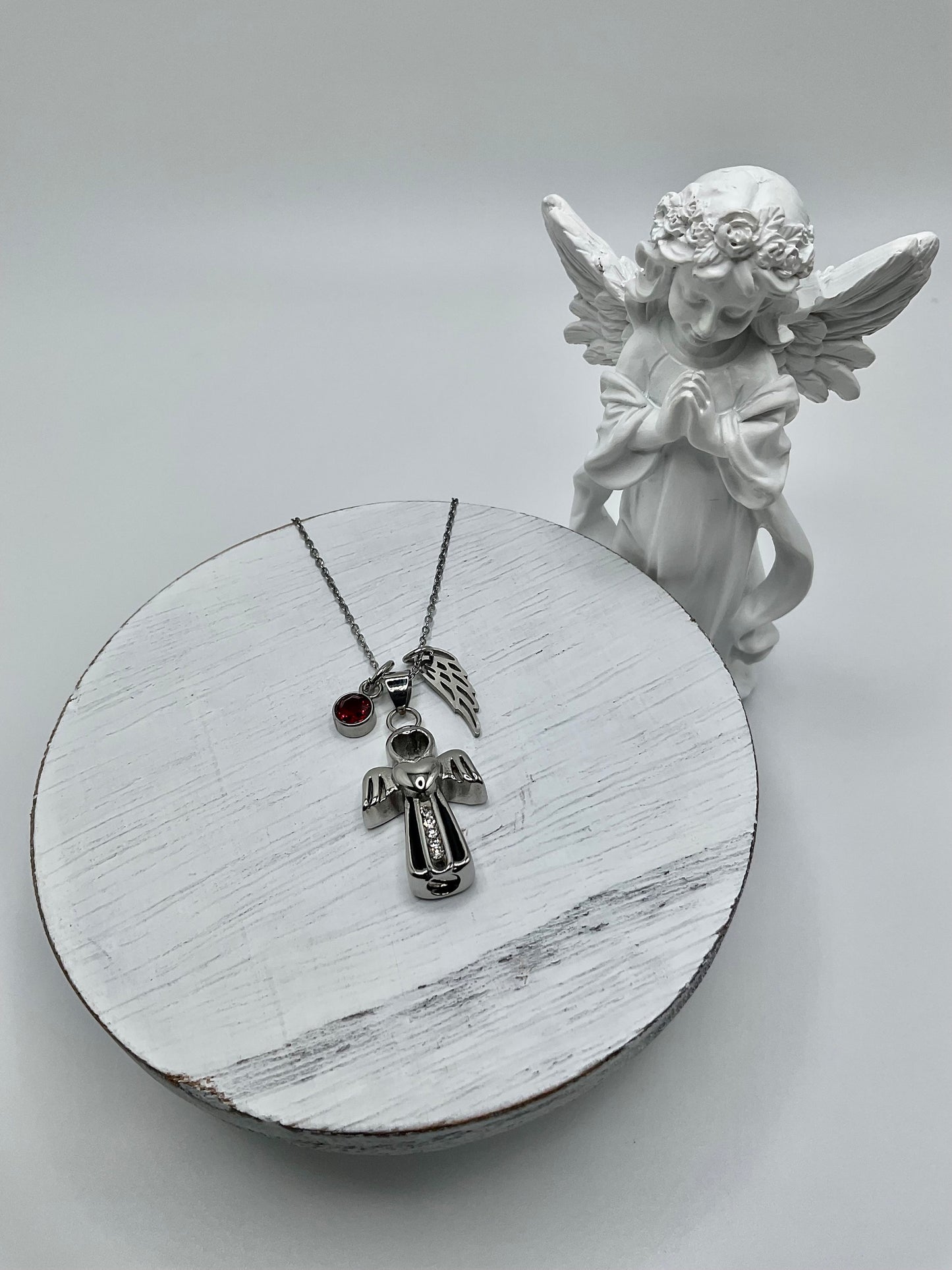 Silver Angel with Rhinestones Ash Urn Necklace Charm Birthstone with Personalization for Male or Female Funeral Memorial