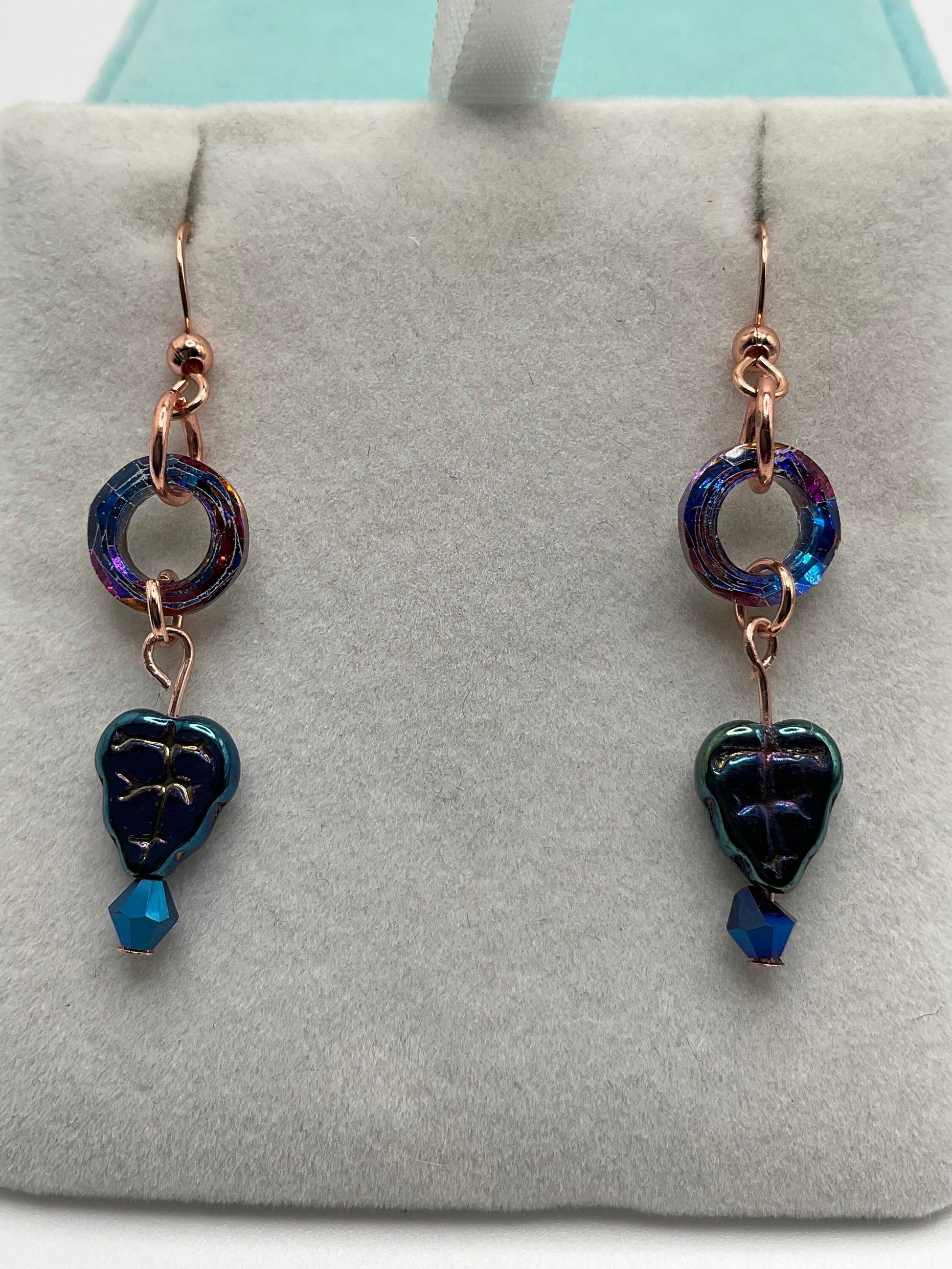 Rose Gold Rainbow Crystal Dangle Earrings with Chez Leaf Accent