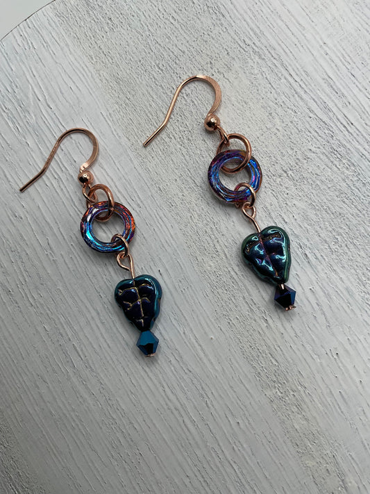 Rose Gold Rainbow Crystal Dangle Earrings with Chez Leaf Accent