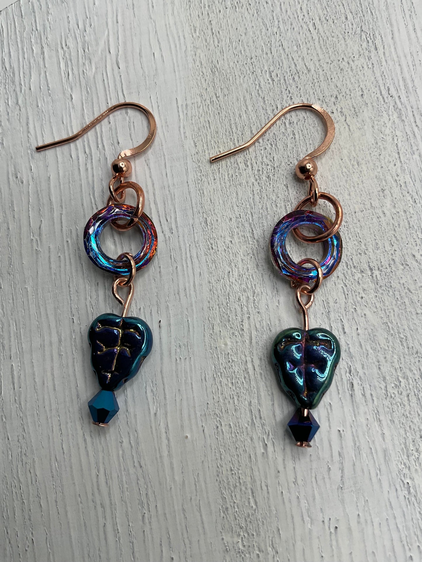 Rose Gold Rainbow Crystal Dangle Earrings with Chez Leaf Accent