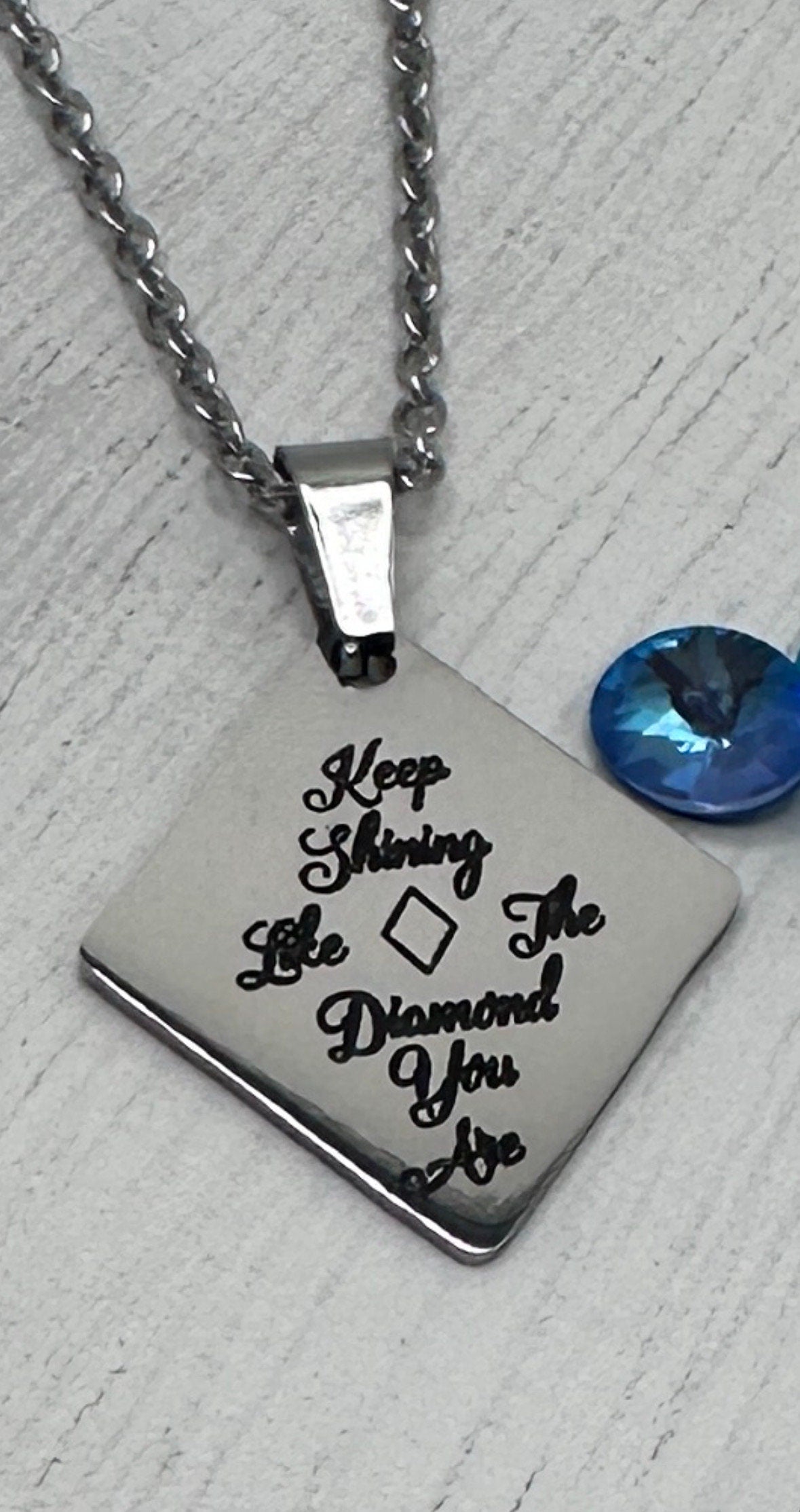 Diamond Shaped Personalized Stainless Steel Charm Necklace or Key Chain