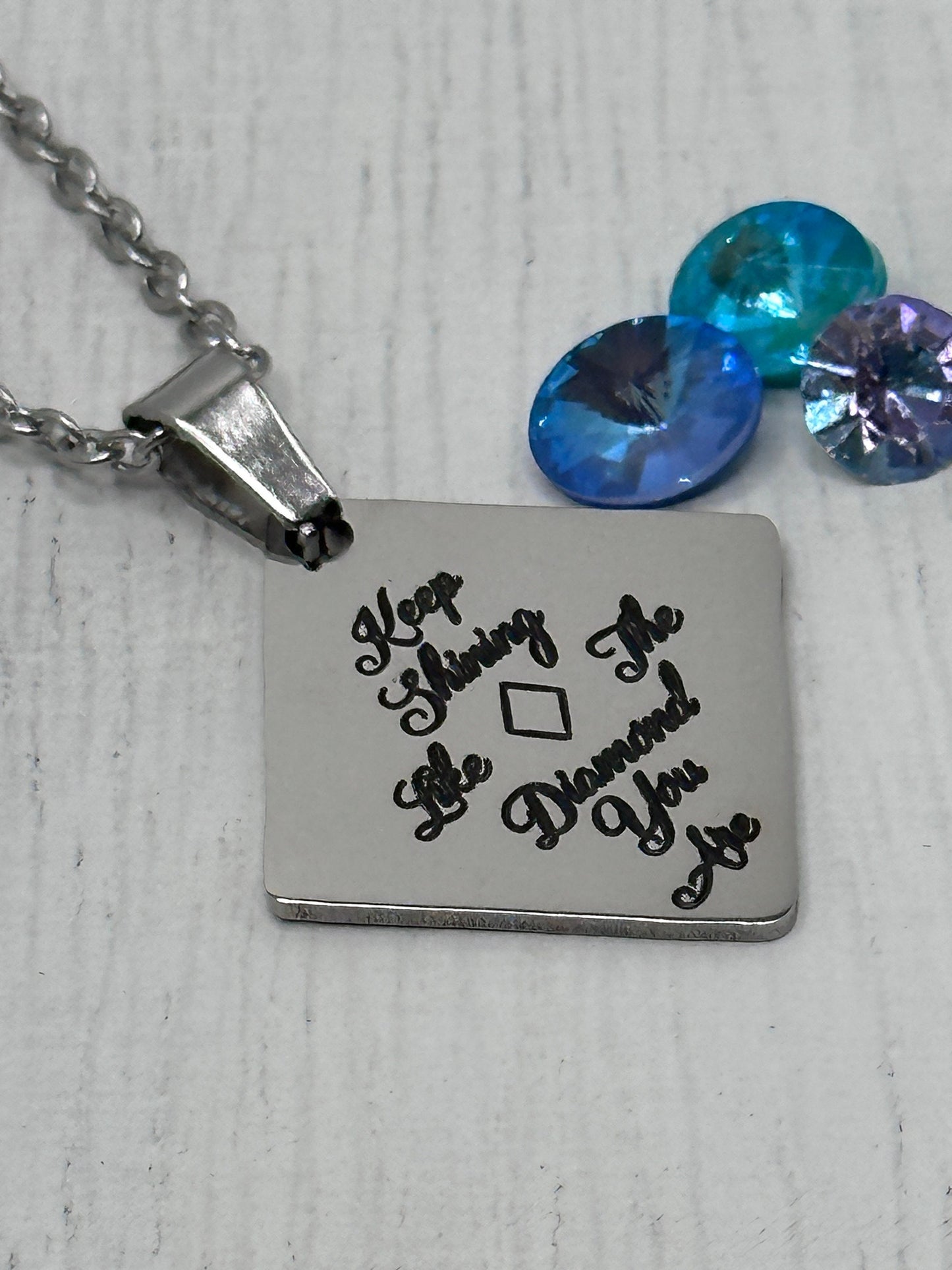 Diamond Shaped Personalized Stainless Steel Charm Necklace or Key Chain