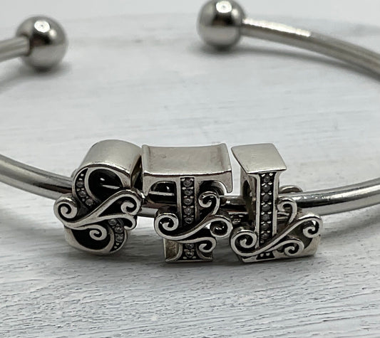 Silver and Stainless Steel Personalized Initial with Rhinestone Bracelet