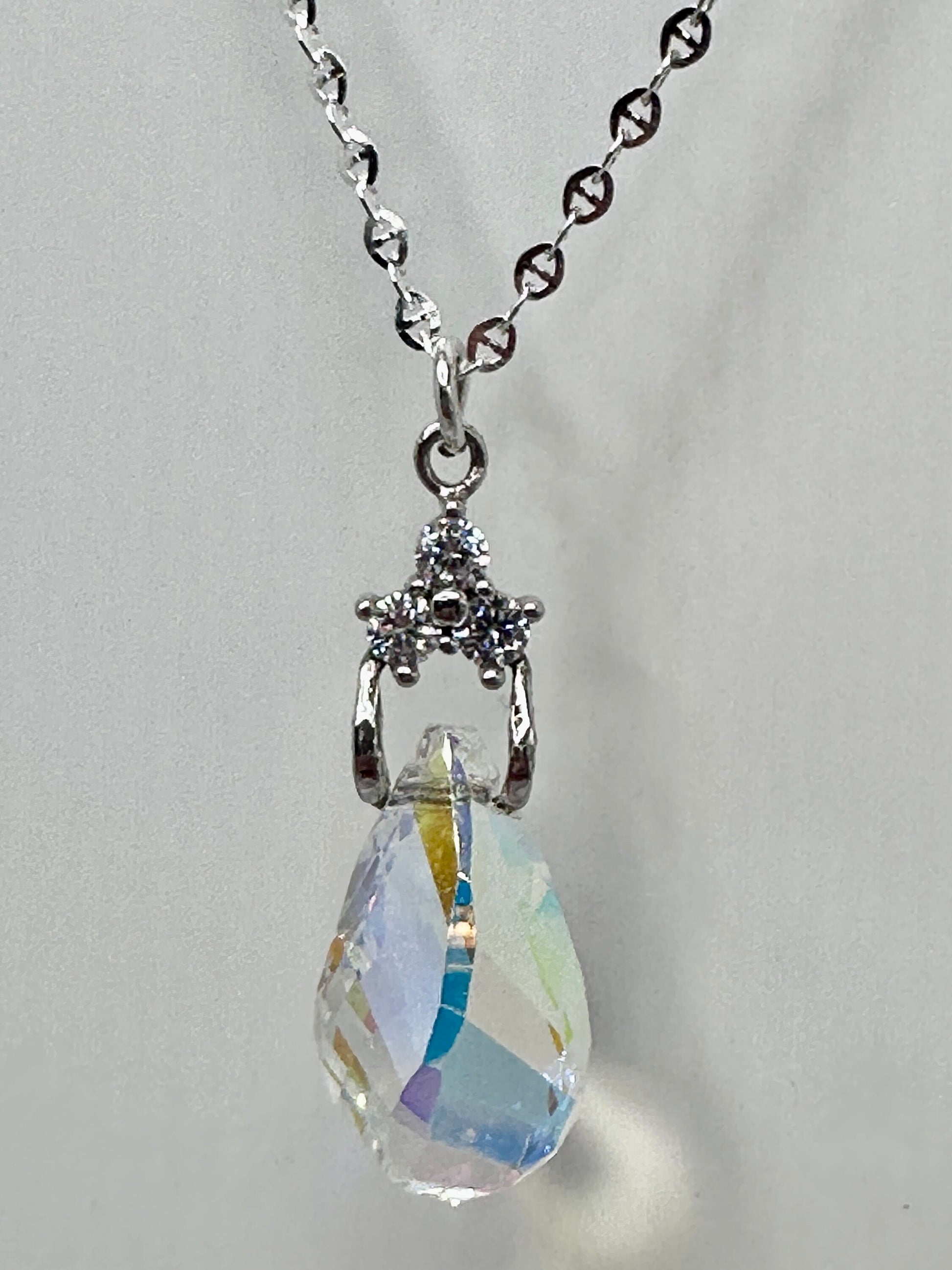 Crystal Teardrop Necklace Pendant on a Sterling Silver 18” Necklace AB / Clear with Rhinestone Accents