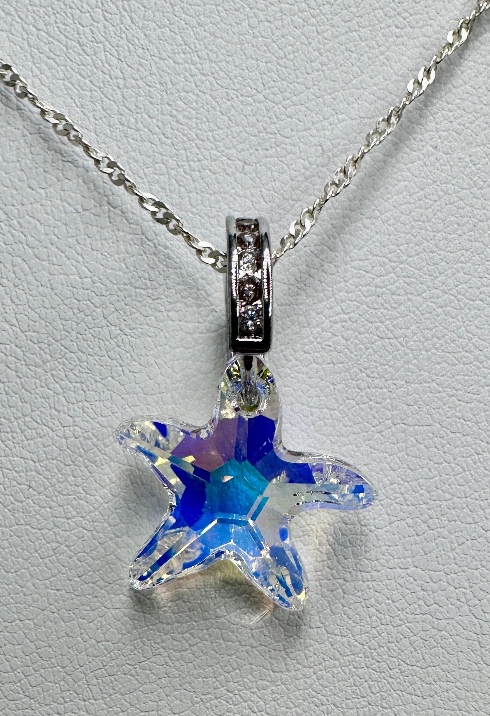 Swarovski Star Crystal Necklace Pendant on a Sterling Silver 18” Necklace AB / Clear with Rhinestone Accents