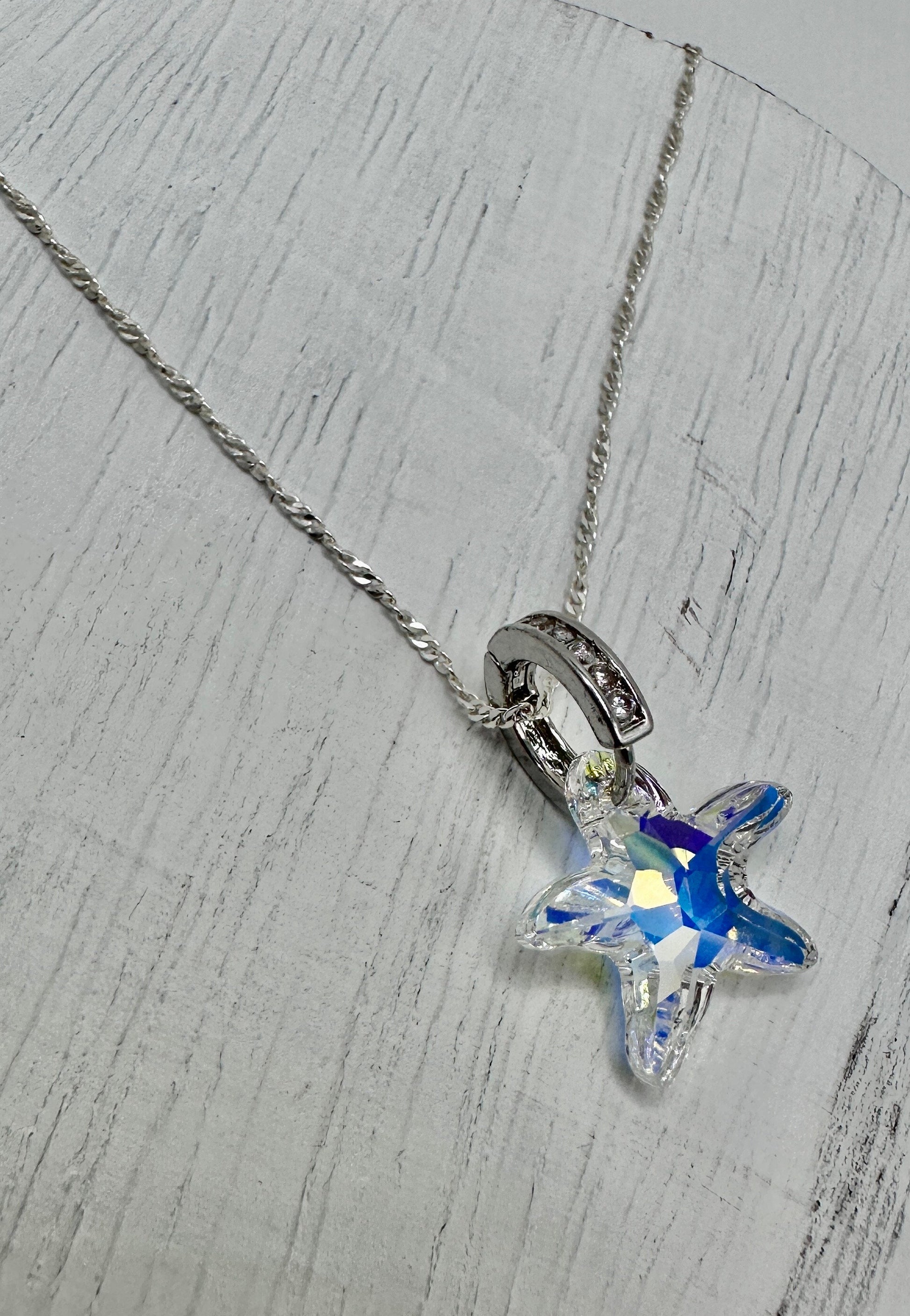 Swarovski Star Crystal Necklace Pendant on a Sterling Silver 18” Necklace AB / Clear with Rhinestone Accents