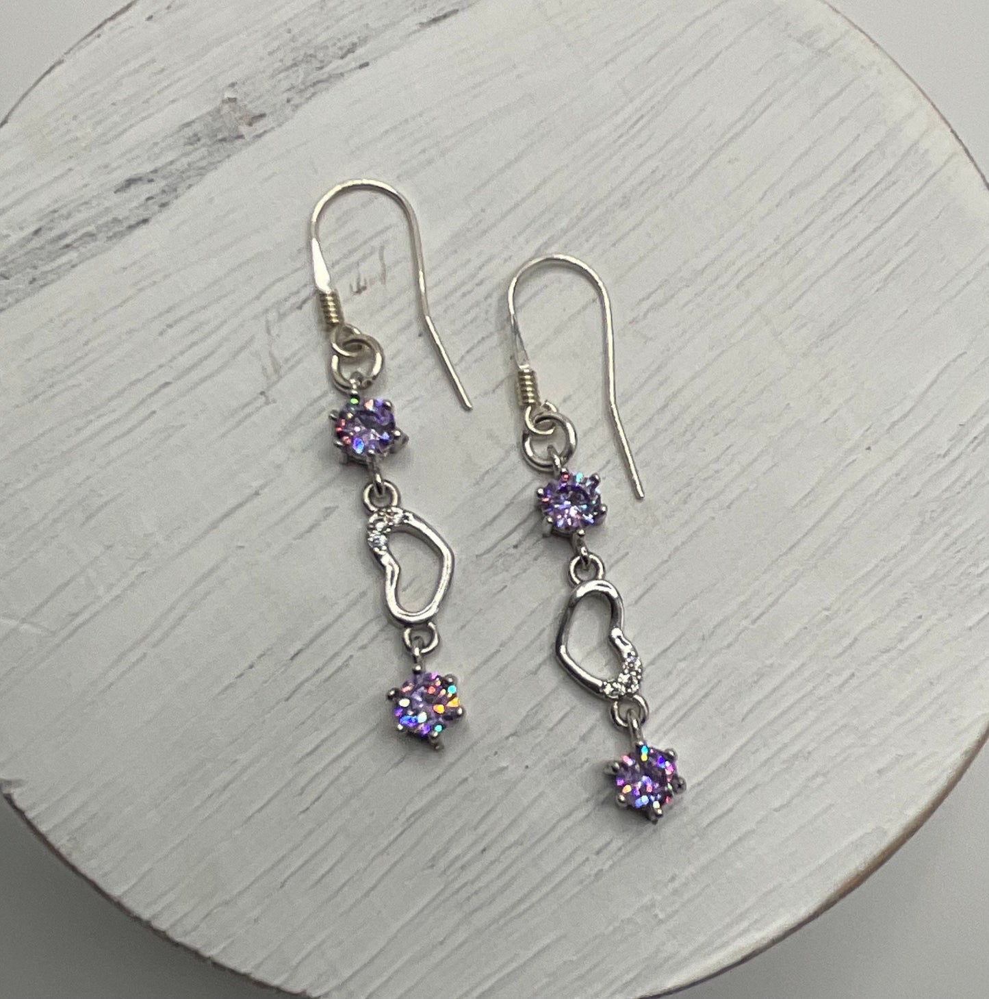 Silver Butterfly and Heart Drop Dangle Earrings February Birthstone Purple CZ Accents