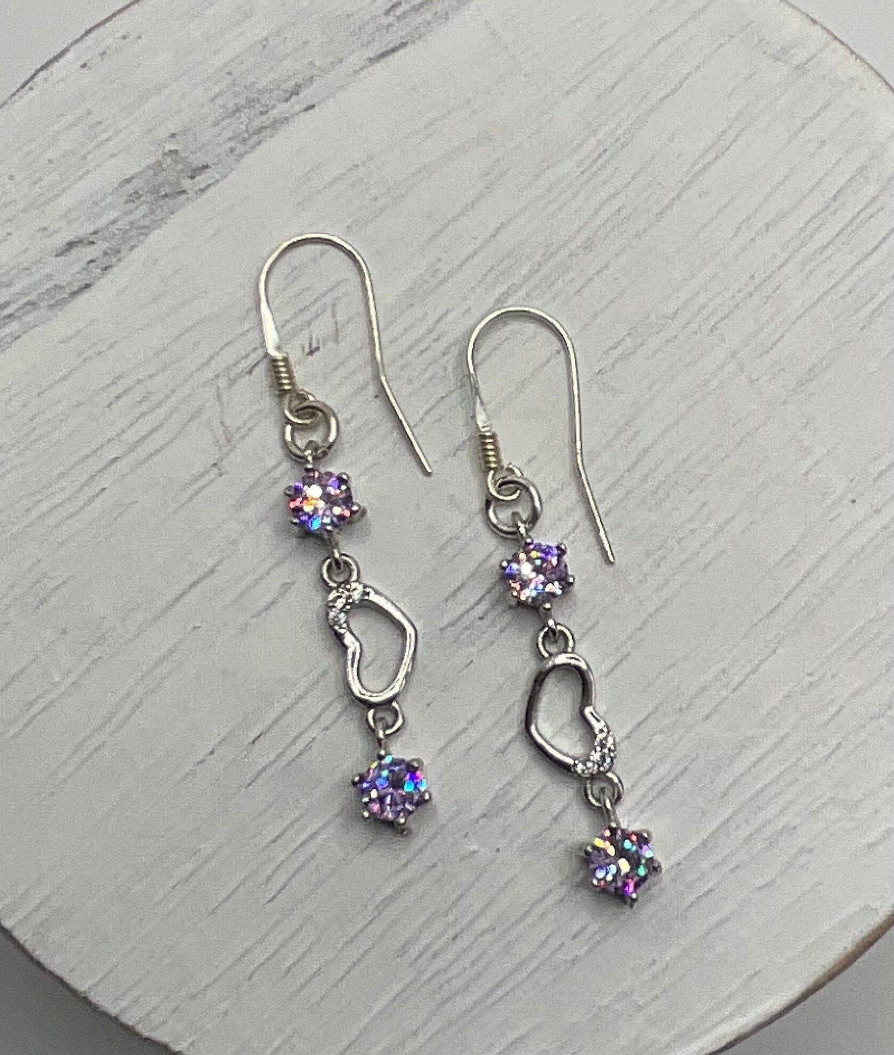 Silver Butterfly and Heart Drop Dangle Earrings February Birthstone Purple CZ Accents