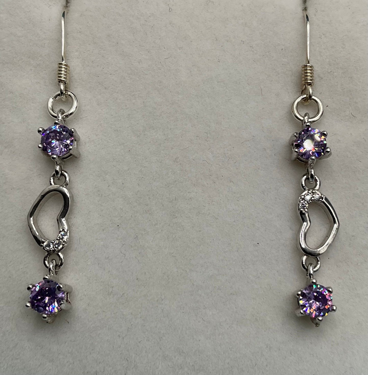 Silver Butterfly and Heart Drop Dangle Earrings February Birthstone Purple CZ Accents