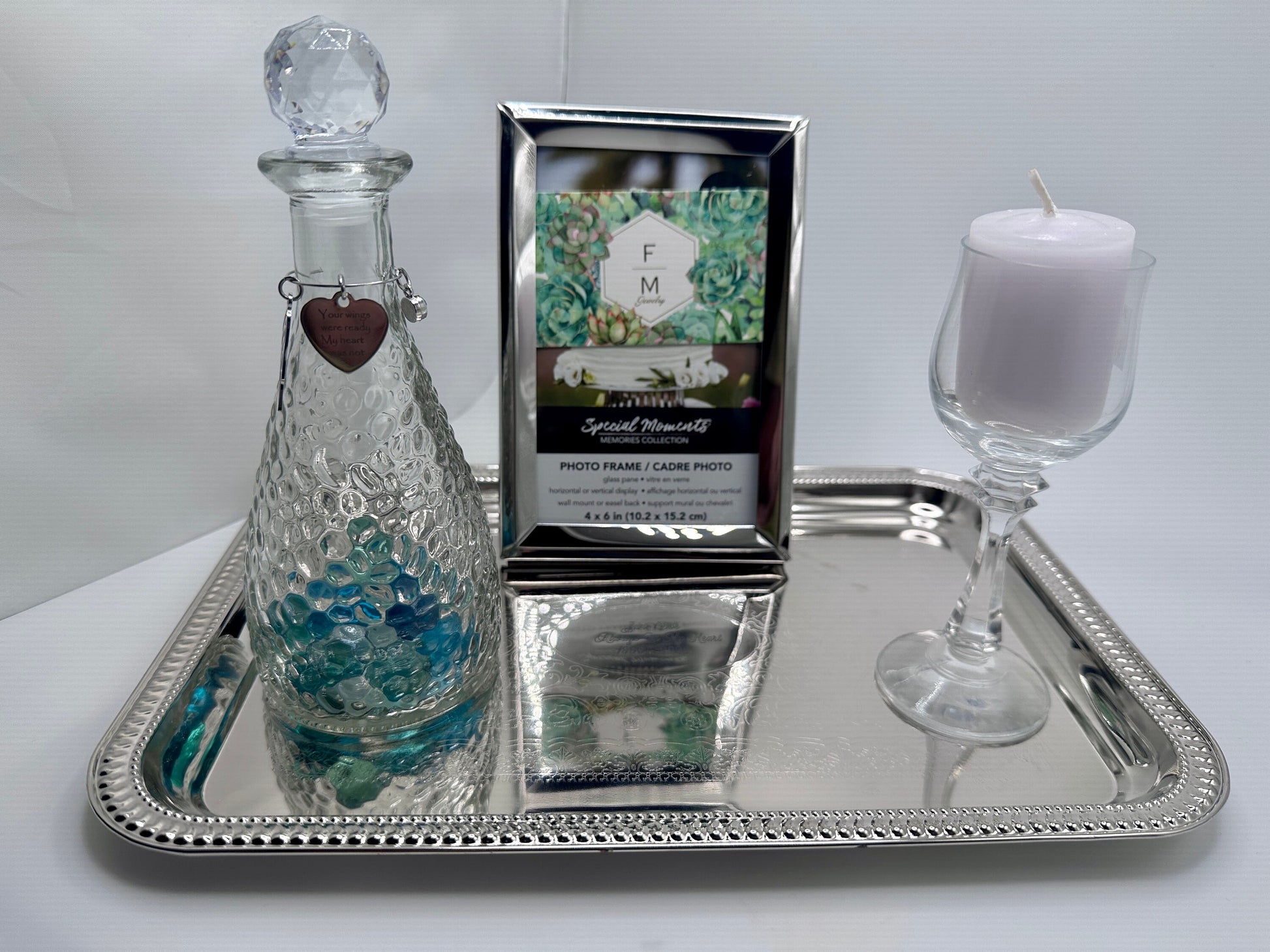 Ash Urn Set - Glass Ash Urn for Human Ashes Set - Personalized Tray with Candle and Photo Frame Memorial Colors Frosted, Pink and Purple