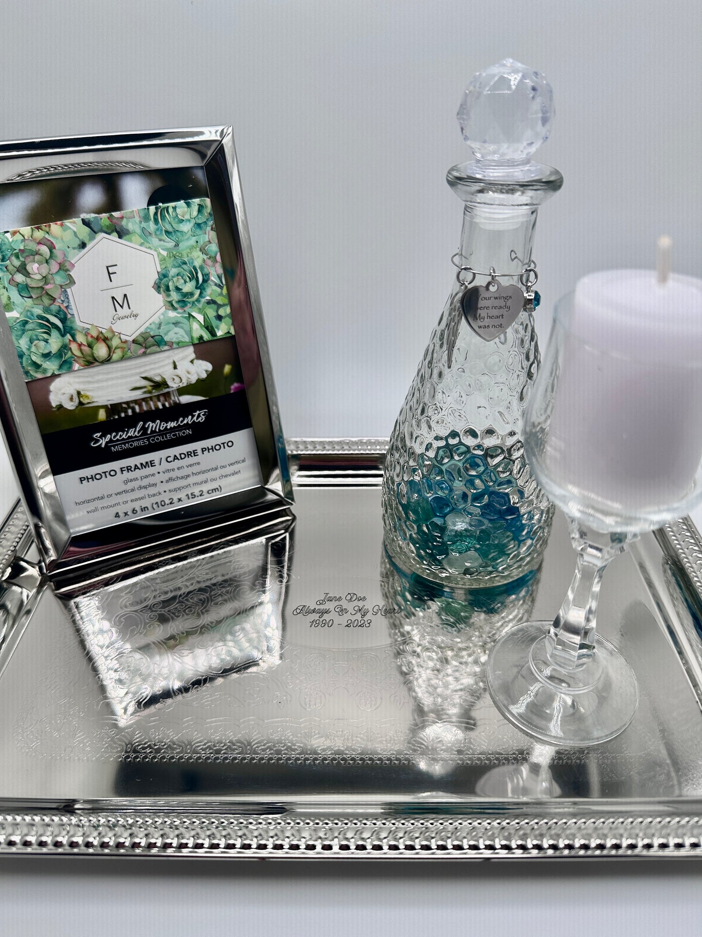 Ash Urn Set - Glass Ash Urn for Human Ashes Set - Personalized Tray with Candle and Photo Frame Memorial Colors Frosted, Pink and Purple