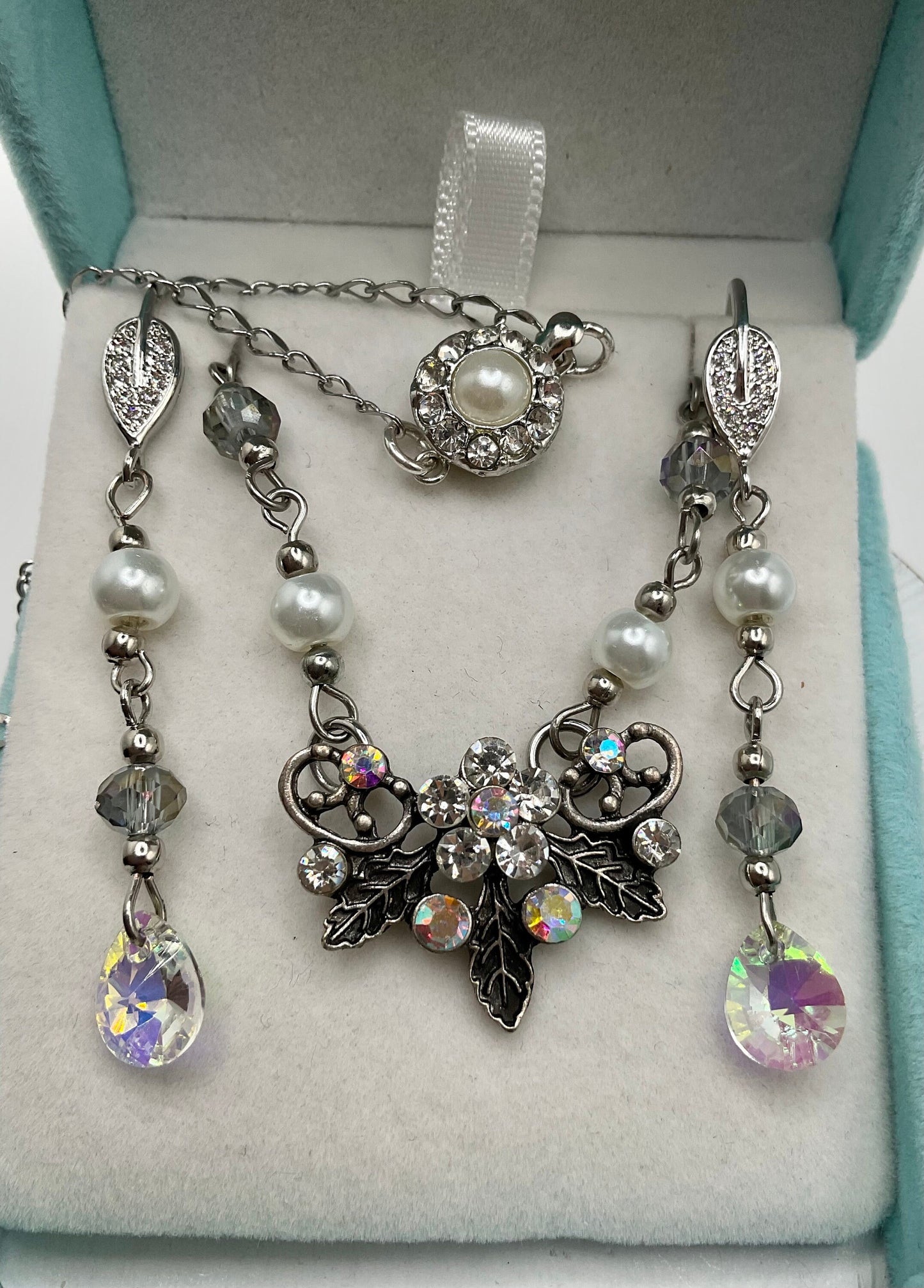 Pearl and Rhinestone Necklace and Crystal Earring Set - Wedding Prom Formal Jewelry