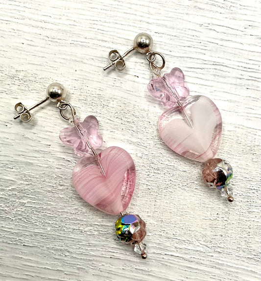 Pink Glass Heart Dangle Earrings with Crystal Butterfly Accents - 925 Sterling Silver Earrings