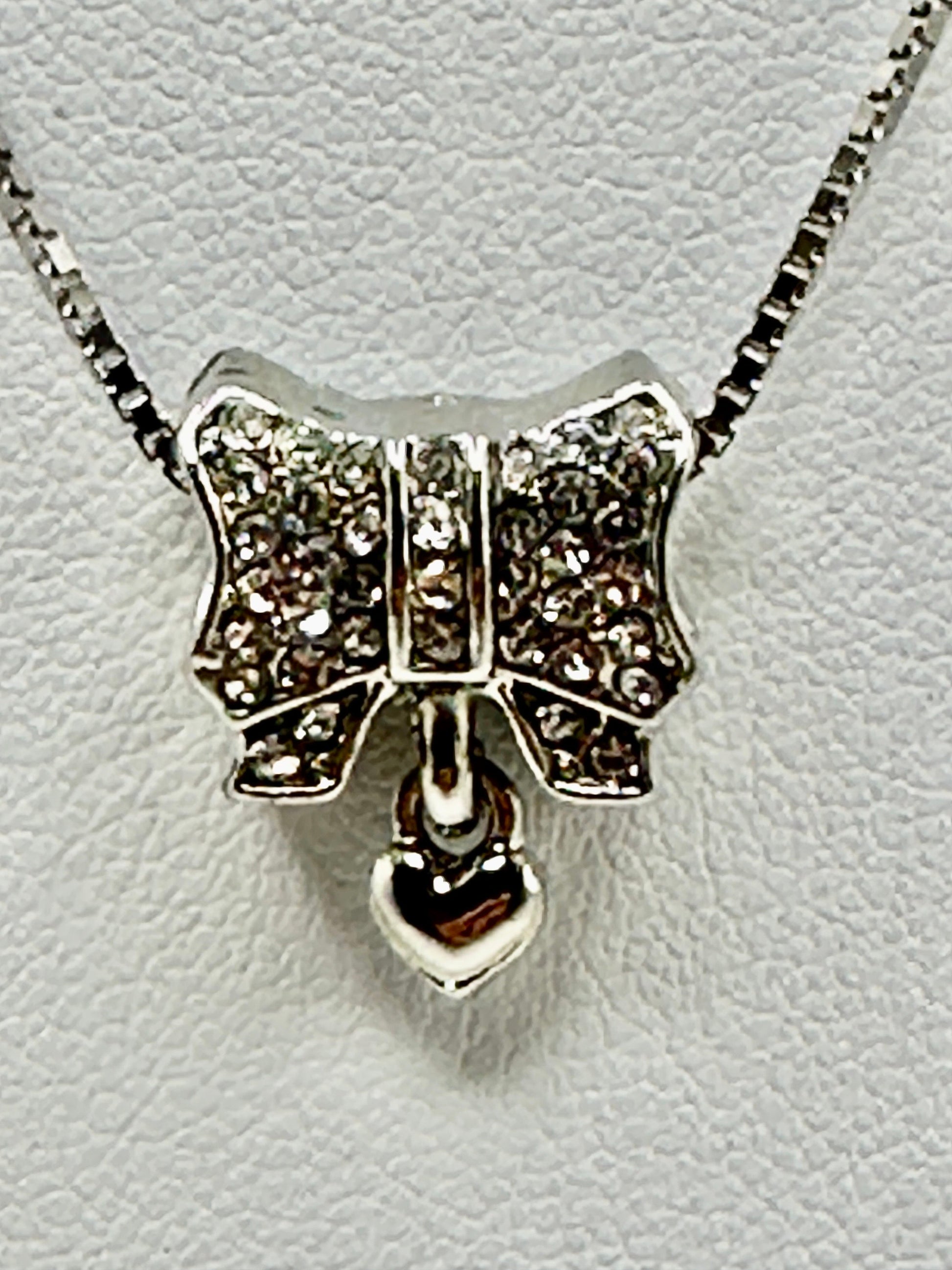 Butterfly Rhinestone Necklace Pendant with Dangling Heart on an 18” 925 Sterling Silver Box Chain