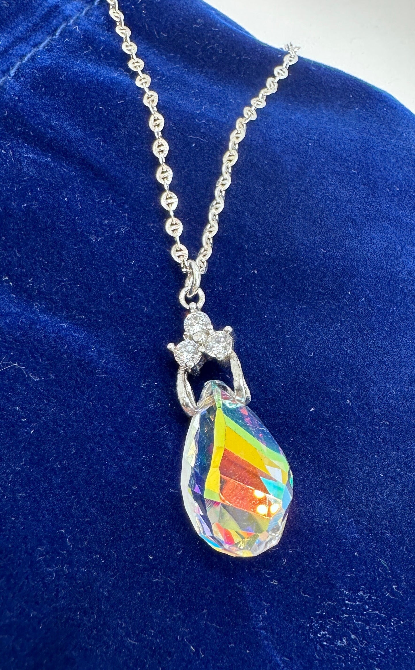 Crystal Teardrop Necklace Pendant on a Sterling Silver 18” Necklace AB / Clear with Rhinestone Accents