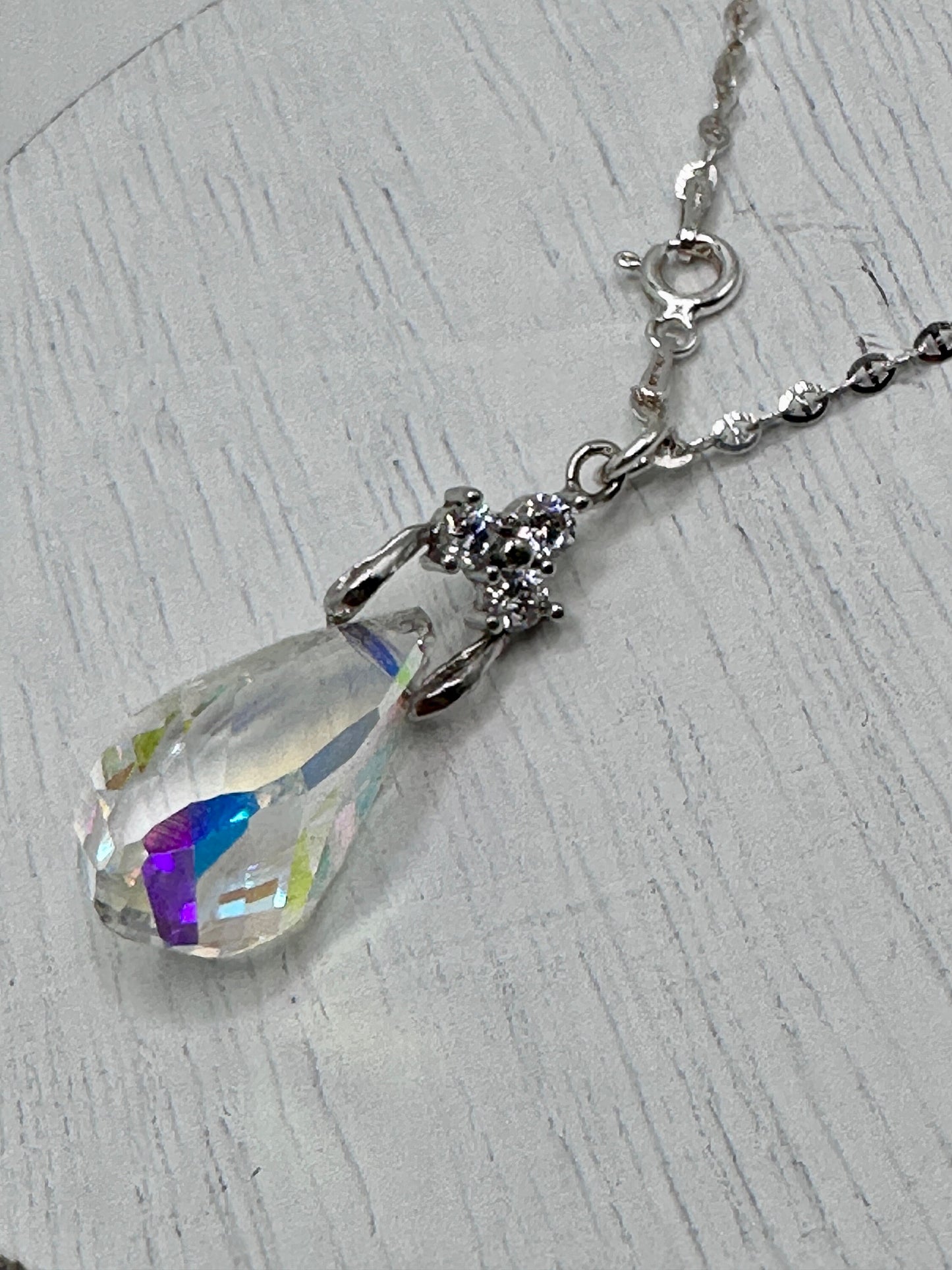 Crystal Teardrop Necklace Pendant on a Sterling Silver 18” Necklace AB / Clear with Rhinestone Accents